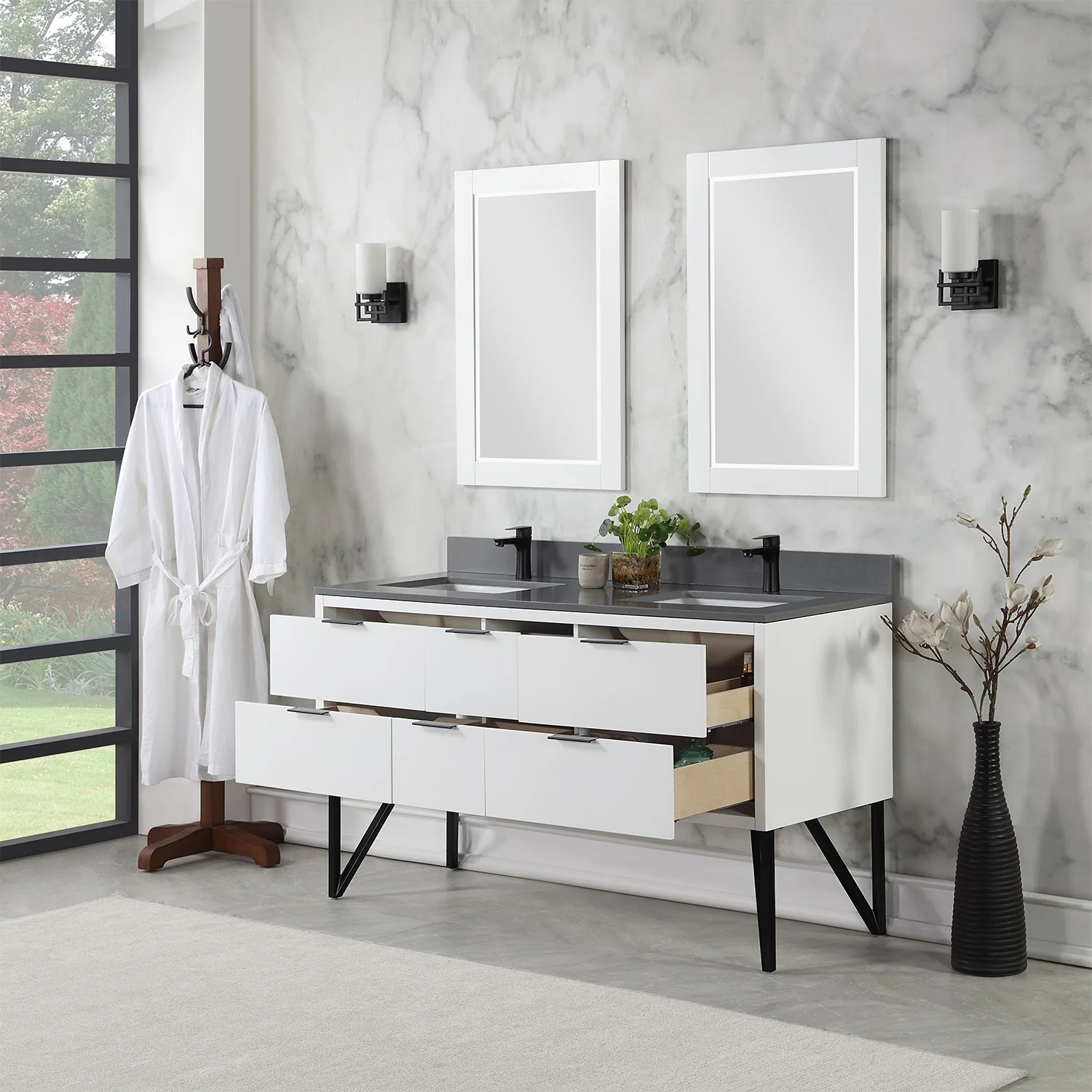 Altair Design Helios 60" Double Bathroom Vanity in White with Concrete Gray Composite Stone Countertop - Image 5