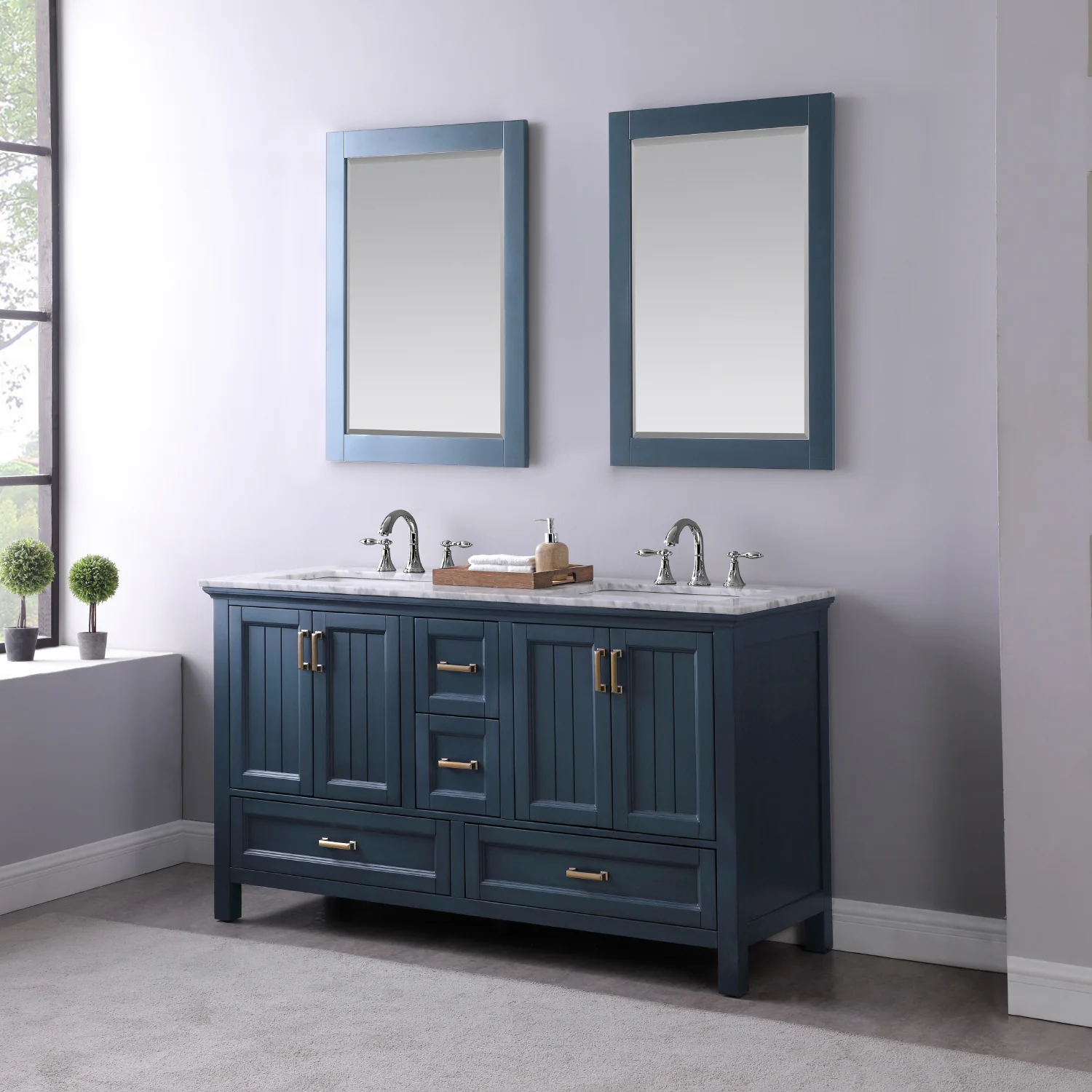 Altair Design Isla 60" Double Bathroom Vanity Set in Classic Blue and Carrara White Marble Countertop - Image 3