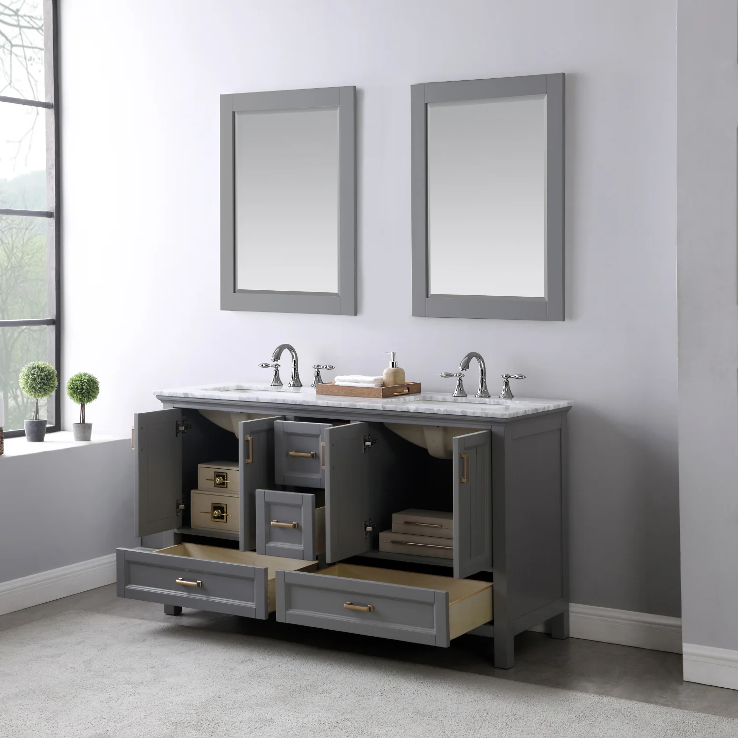 Altair Design Isla 60" Double Bathroom Vanity Set in Gray and Carrara White Marble Countertop - Image 4