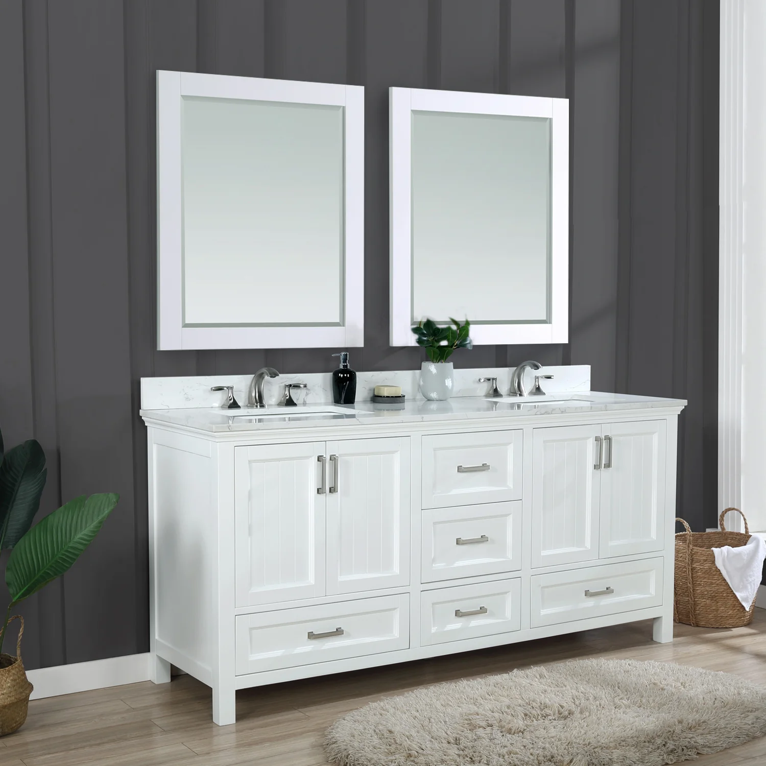 Altair Design Isla 72" Double Bathroom Vanity Set in White and Aosta White Composite Stone Countertop - Image 3