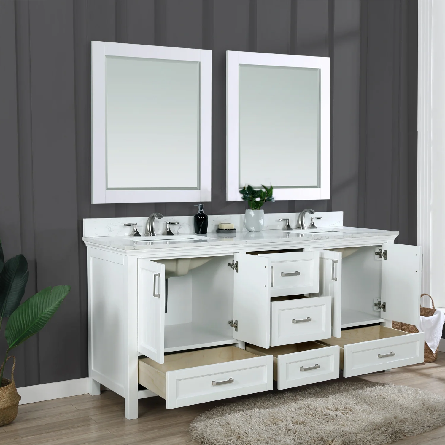 Altair Design Isla 72" Double Bathroom Vanity Set in White and Aosta White Composite Stone Countertop - Image 5