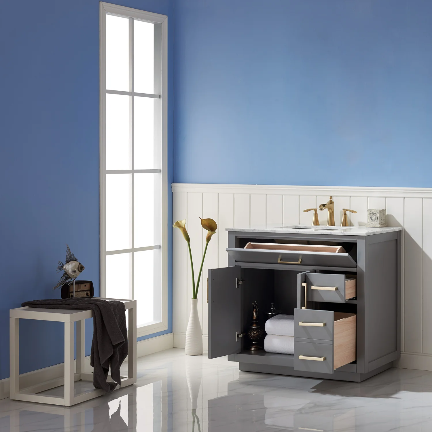 Altair Design Ivy 36" Single Bathroom Vanity Set in Gray and Carrara White Marble Countertop - Image 11