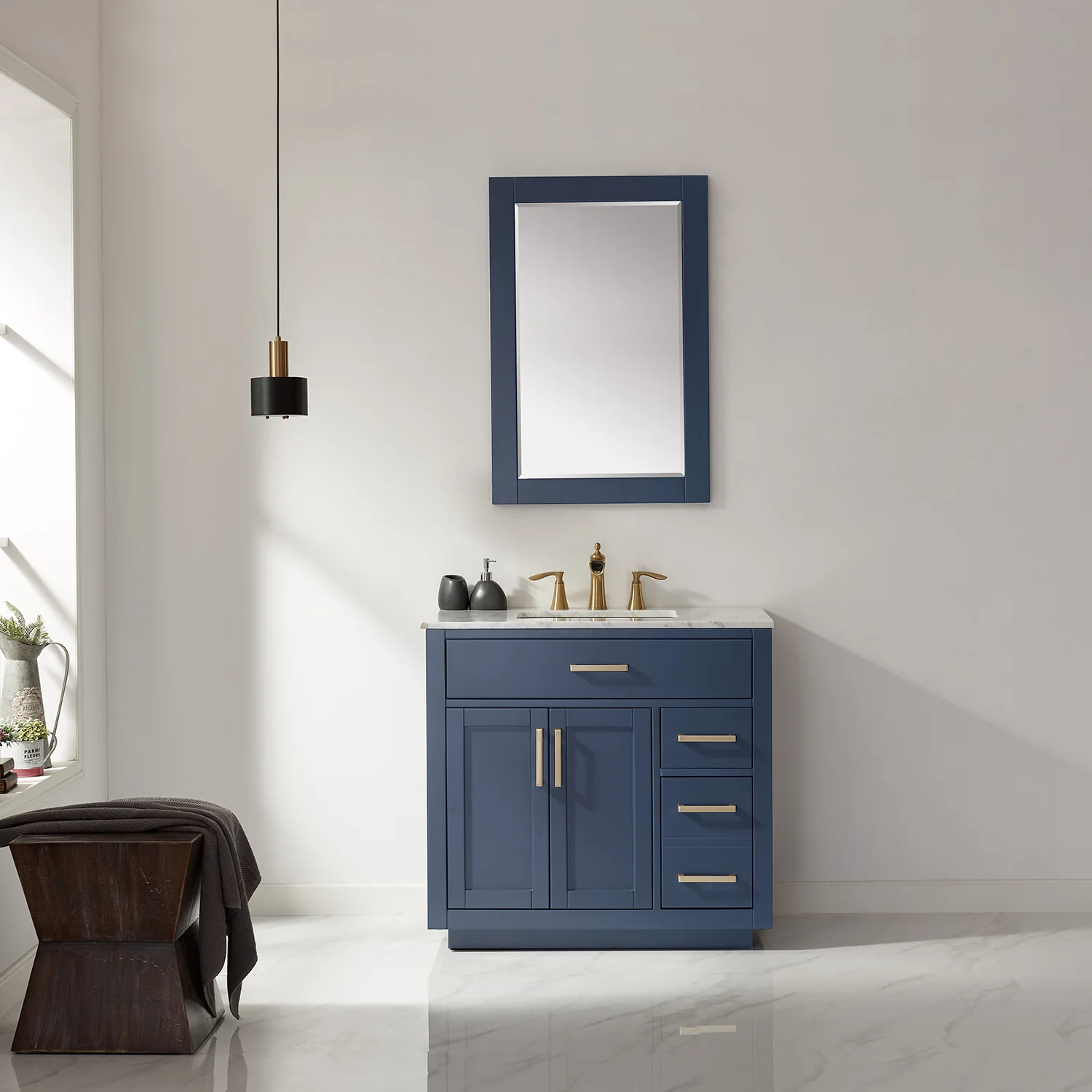 Altair Design Ivy 36" Single Bathroom Vanity Set in Royal Blue and Carrara White Marble Countertop