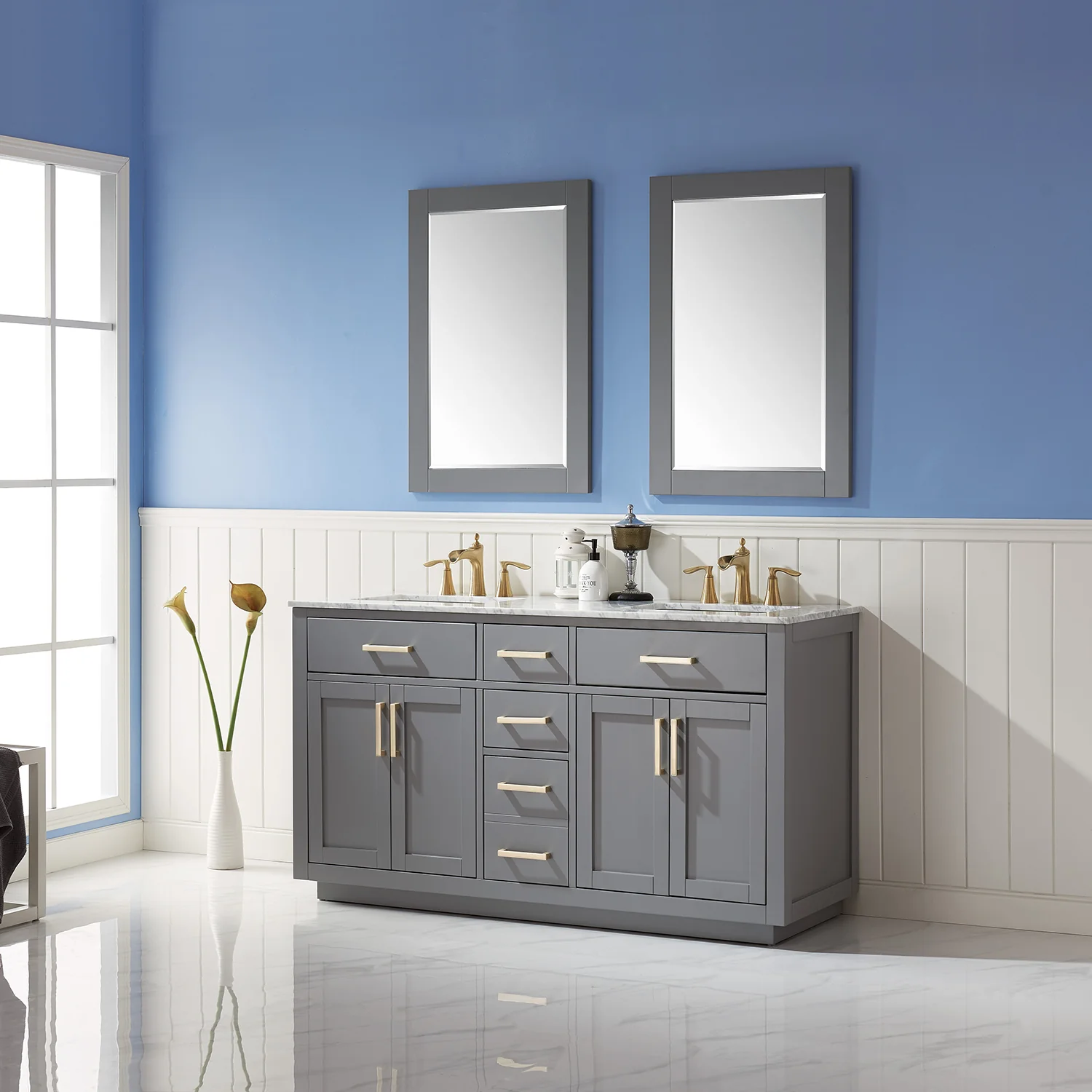 Altair Design Ivy 60" Double Bathroom Vanity Set in Gray and Carrara White Marble Countertop - Image 3