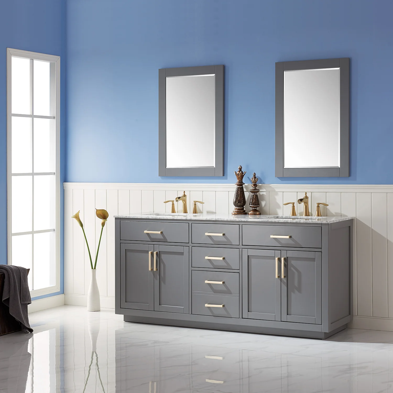 Altair Design Ivy 72" Double Bathroom Vanity Set in Gray and Carrara White Marble Countertop - Image 3