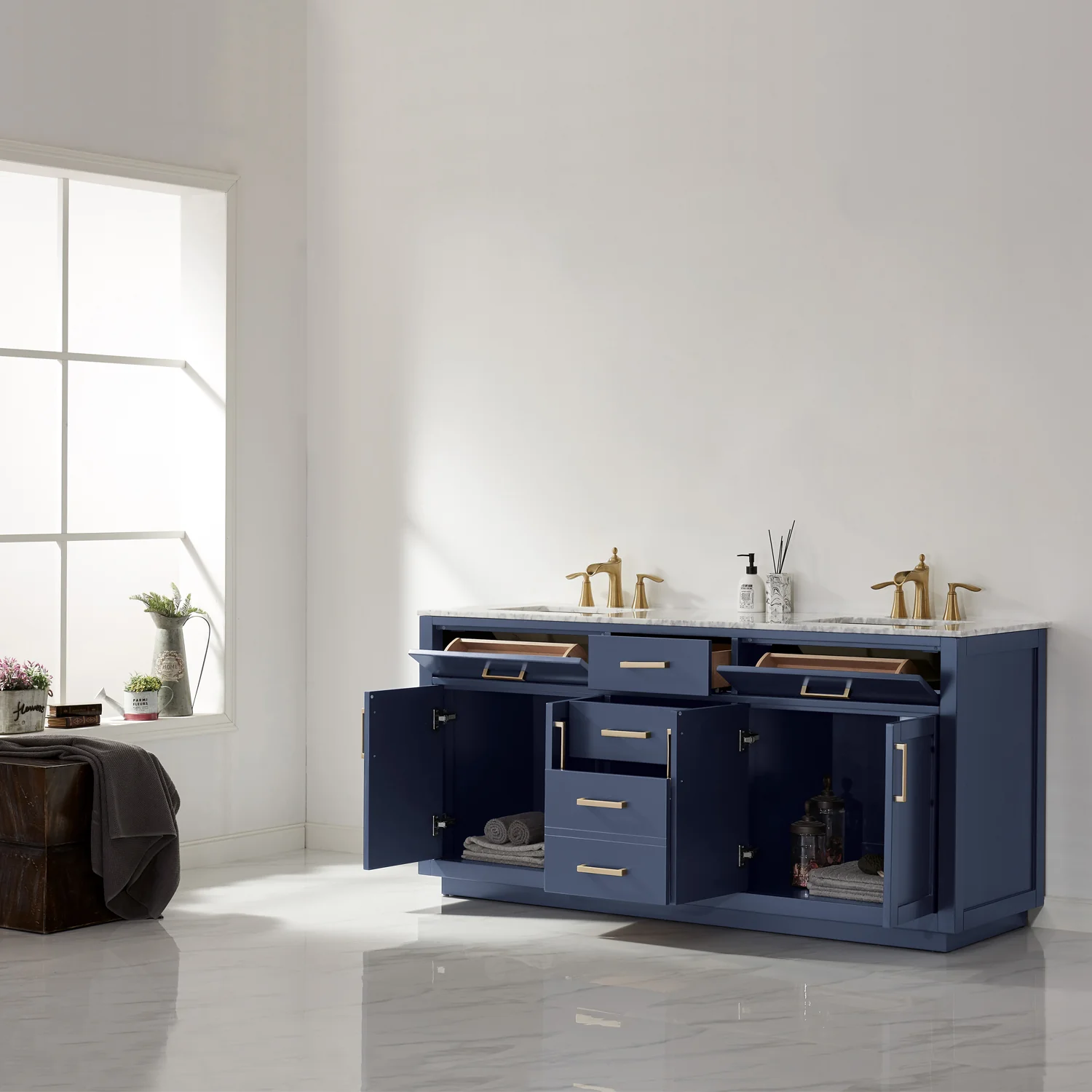 Altair Design Ivy 72" Double Bathroom Vanity Set in Royal Blue and Carrara White Marble Countertop - Image 11