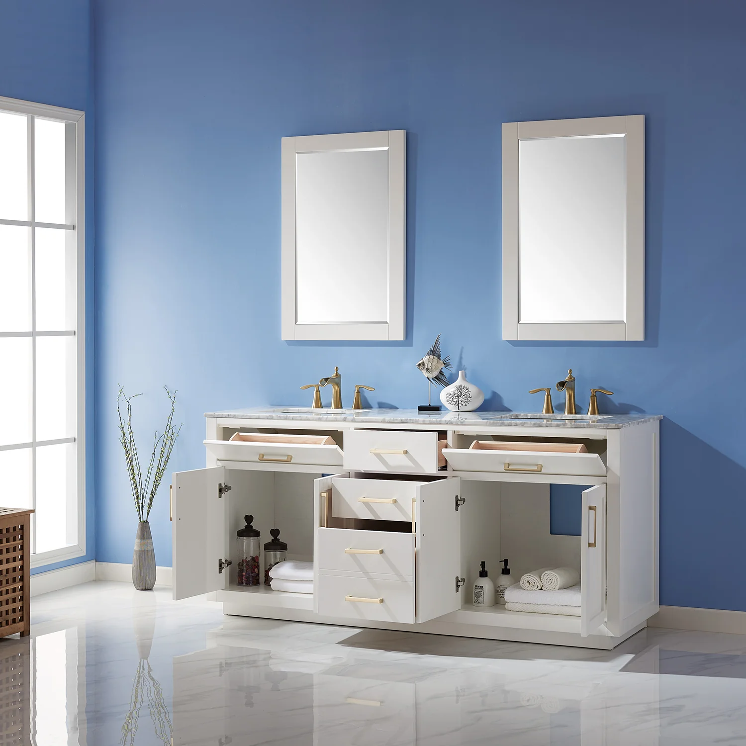 Altair Design Ivy 72" Double Bathroom Vanity Set in White and Carrara White Marble Countertop - Image 4