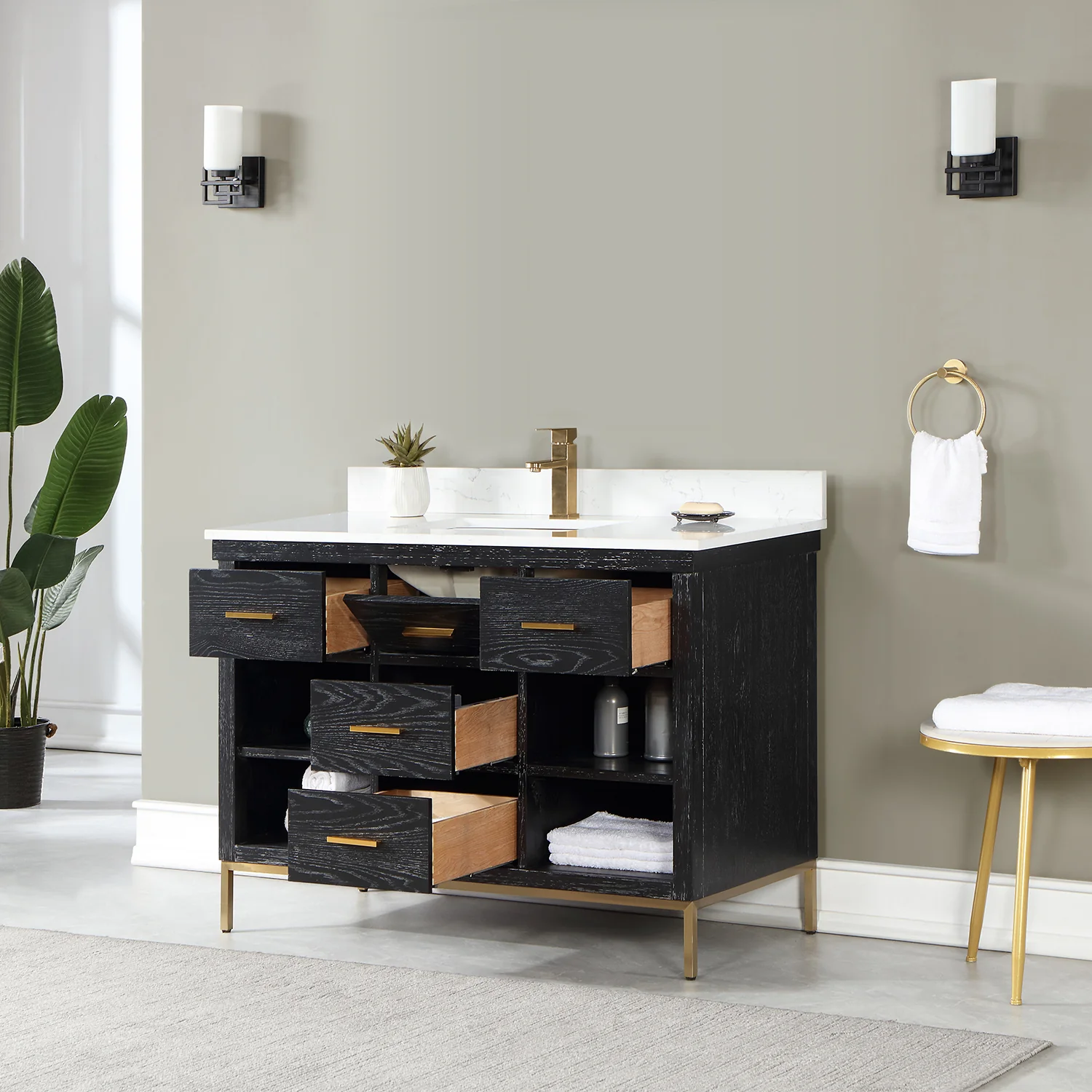 Altair Design Kesia 48" Single Bathroom Vanity Set in Black Oak with Aosta White Composite Stone Countertop - Image 13