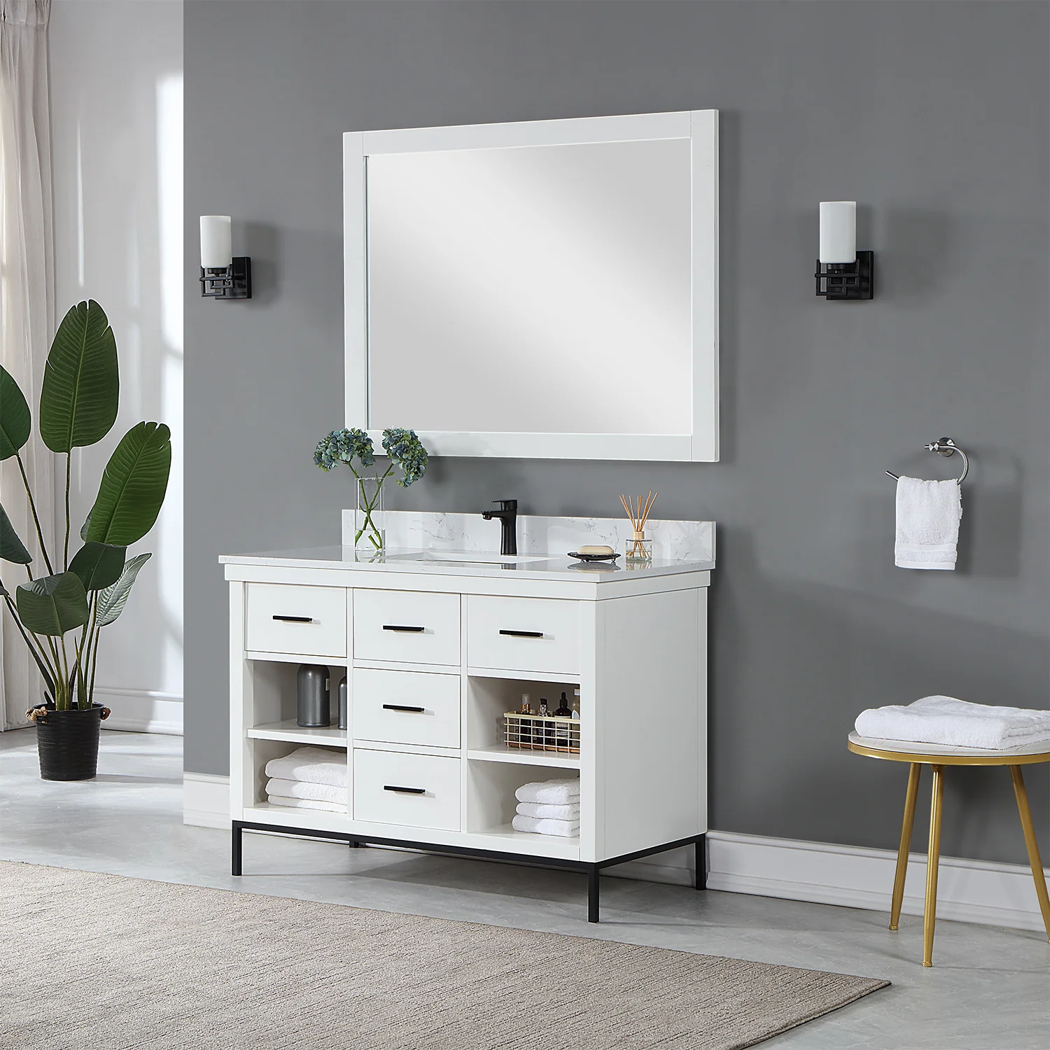 Altair Design Kesia 48" Single Bathroom Vanity Set in White with Aosta White Composite Stone Countertop - Image 3