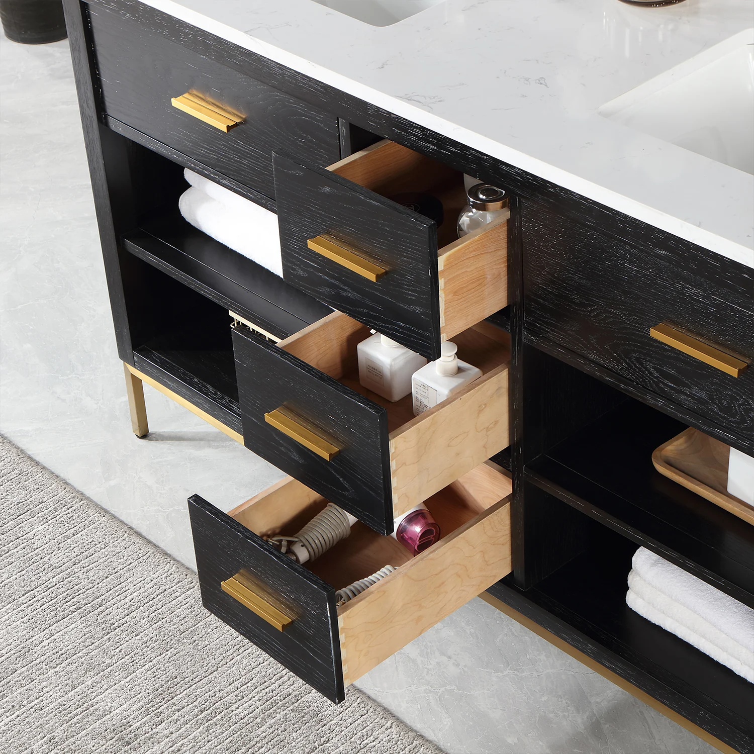 Altair Design Kesia 60" Double Bathroom Vanity Set in Black Oak with Aosta White Composite Stone Countertop - Image 14