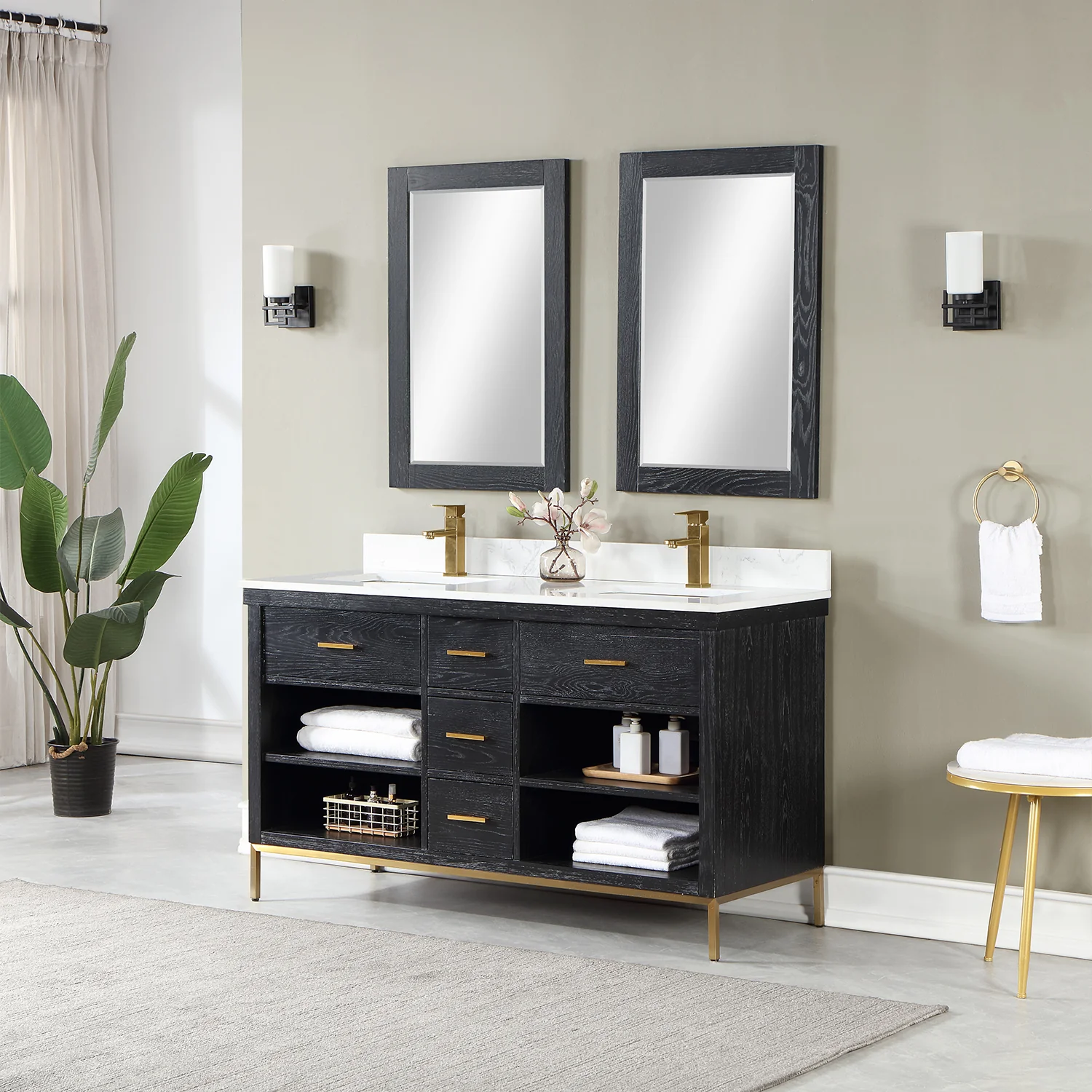 Altair Design Kesia 60" Double Bathroom Vanity Set in Black Oak with Aosta White Composite Stone Countertop - Image 3