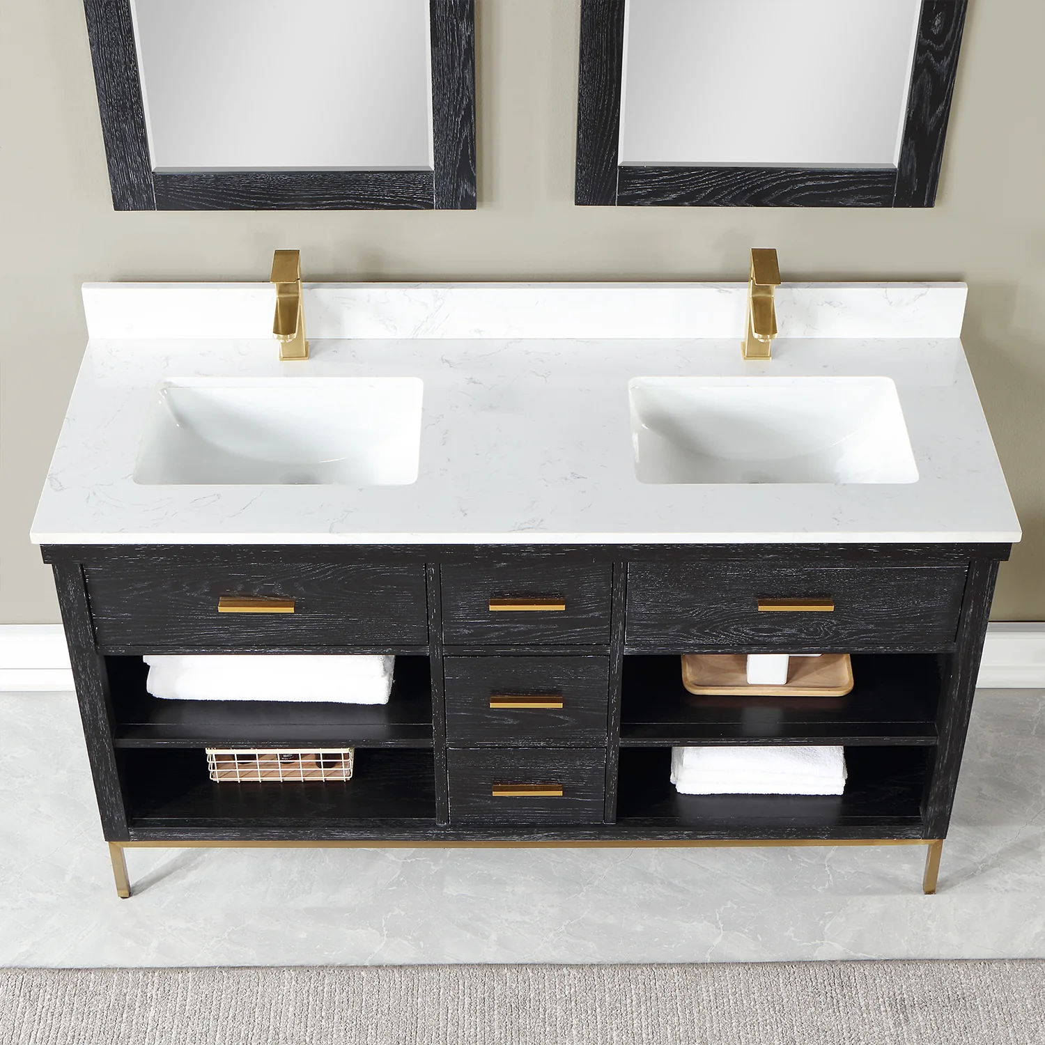 Altair Design Kesia 60" Double Bathroom Vanity Set in Black Oak with Aosta White Composite Stone Countertop - Image 7