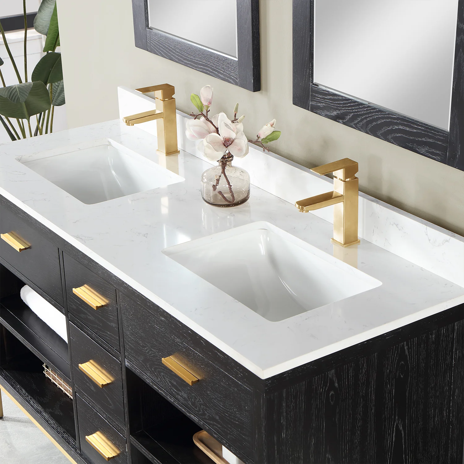 Altair Design Kesia 60" Double Bathroom Vanity Set in Black Oak with Aosta White Composite Stone Countertop - Image 8