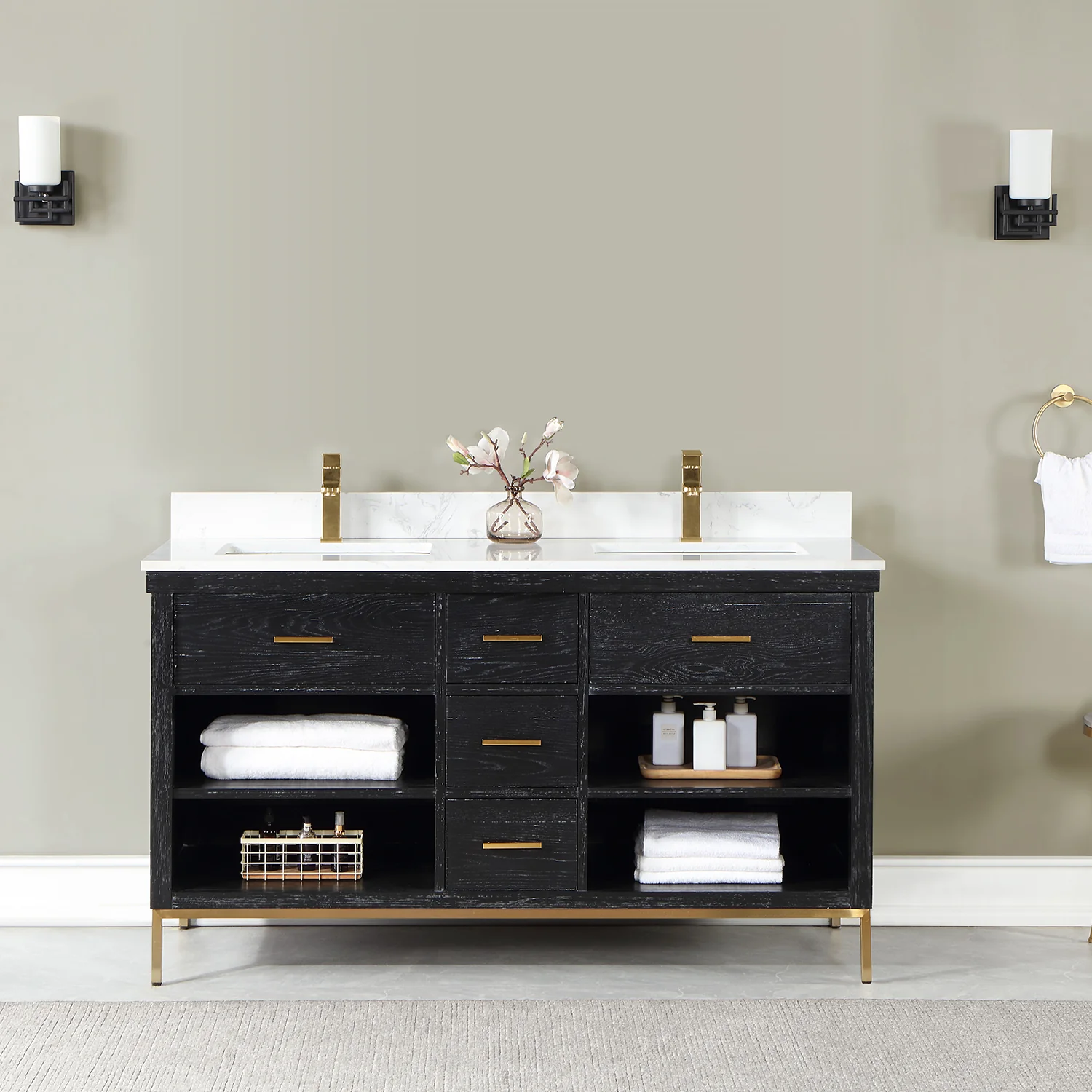 Altair Design Kesia 60" Double Bathroom Vanity Set in Black Oak with Aosta White Composite Stone Countertop - Image 9