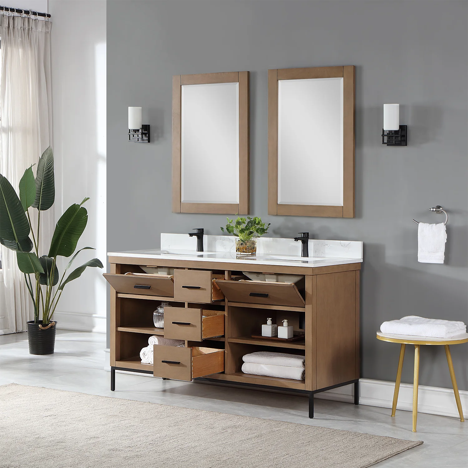 Altair Design Kesia 60" Double Bathroom Vanity Set in Brown Pine with Aosta White Composite Stone Countertop - Image 5