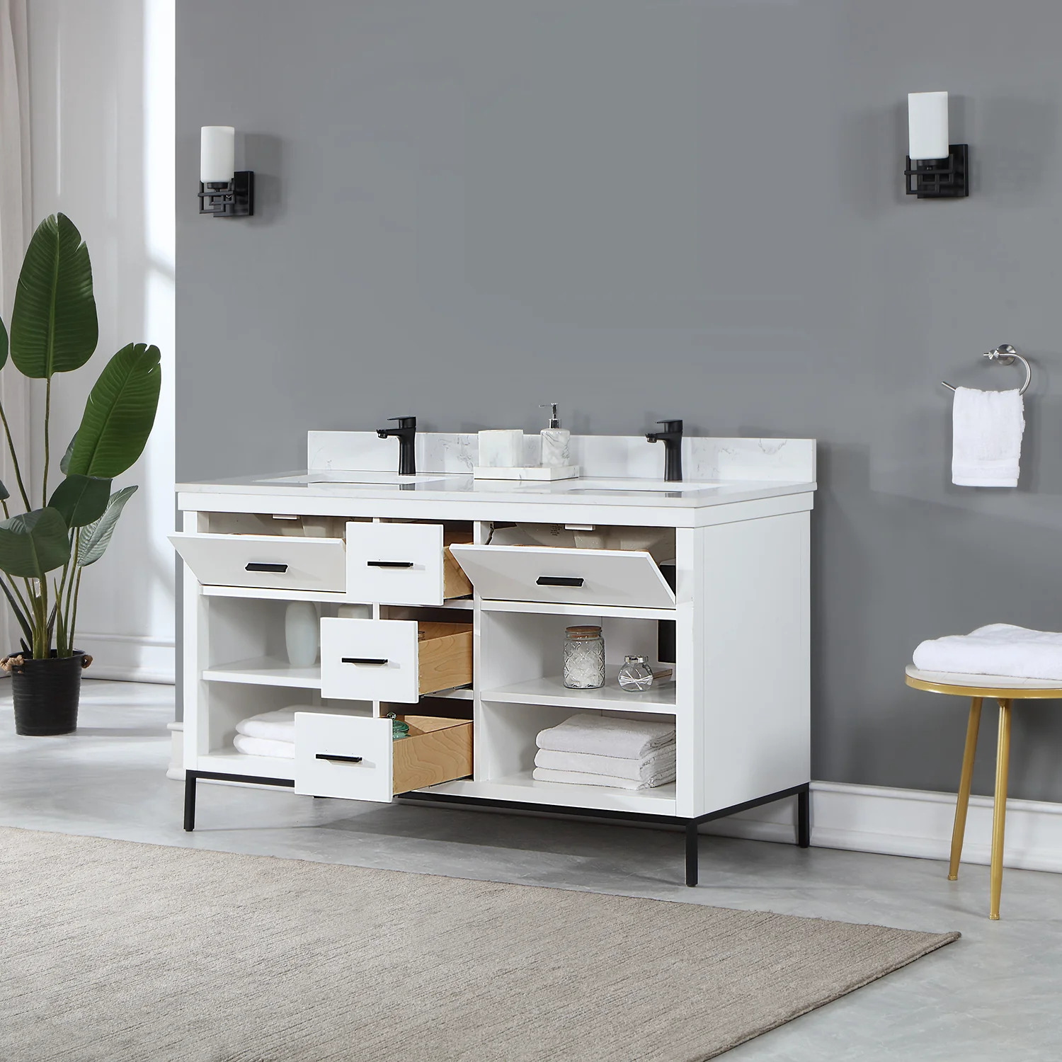 Altair Design Kesia 60" Double Bathroom Vanity Set in White with Aosta White Composite Stone Countertop - Image 13