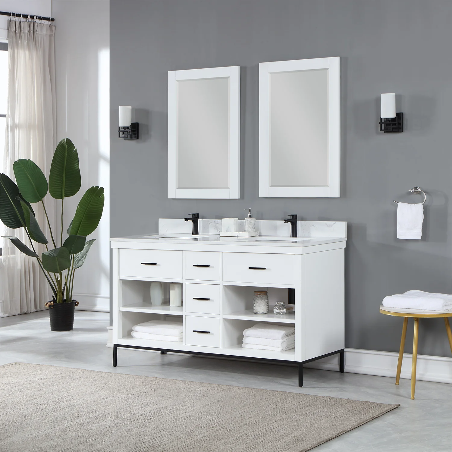 Altair Design Kesia 60" Double Bathroom Vanity Set in White with Aosta White Composite Stone Countertop - Image 3