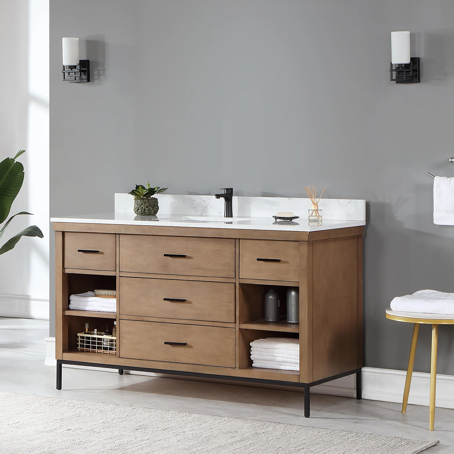Altair Design Kesia 60" Single Bathroom Vanity Set in Brown Pine with Aosta White Composite Stone Countertop - Image 11