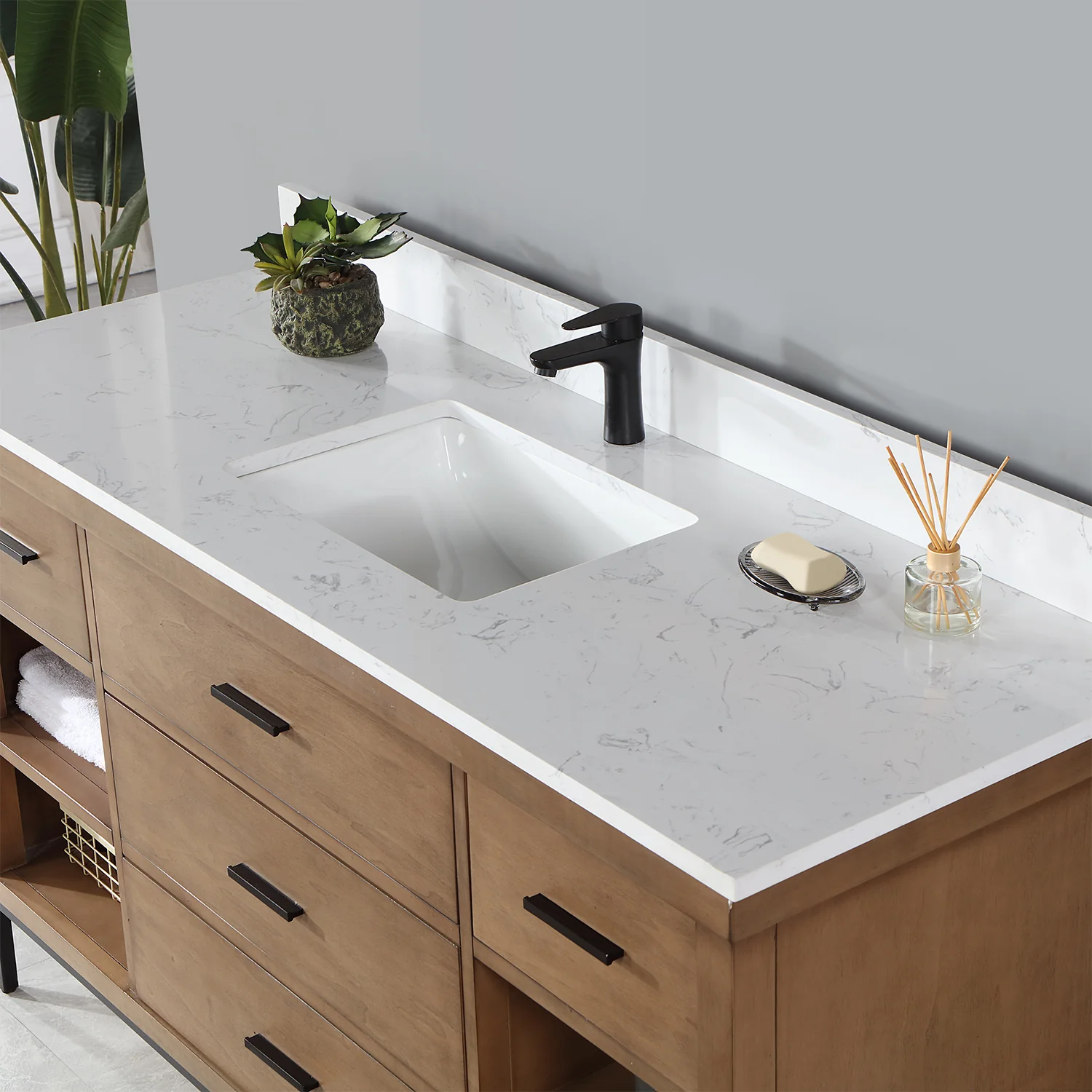 Altair Design Kesia 60" Single Bathroom Vanity Set in Brown Pine with Aosta White Composite Stone Countertop - Image 16