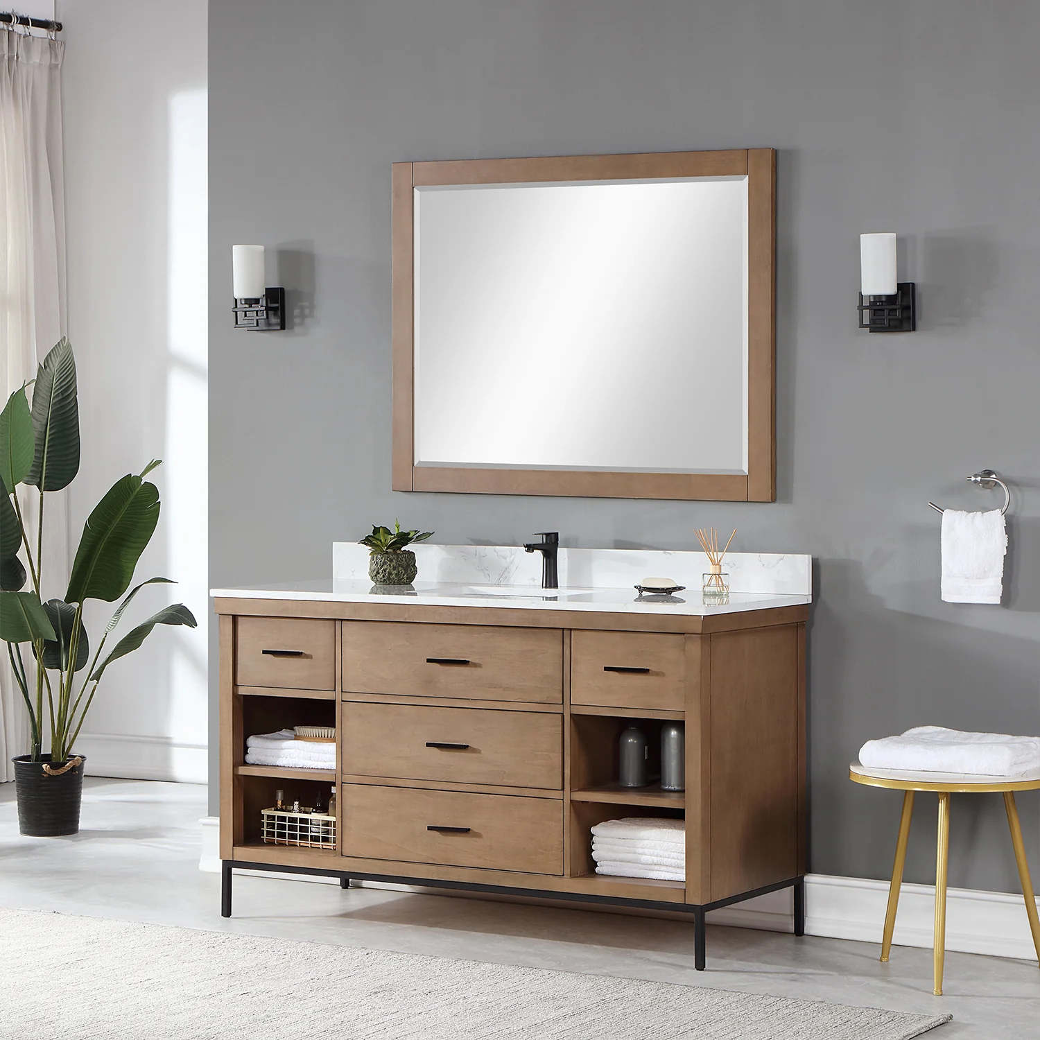 Altair Design Kesia 60" Single Bathroom Vanity Set in Brown Pine with Aosta White Composite Stone Countertop - Image 3