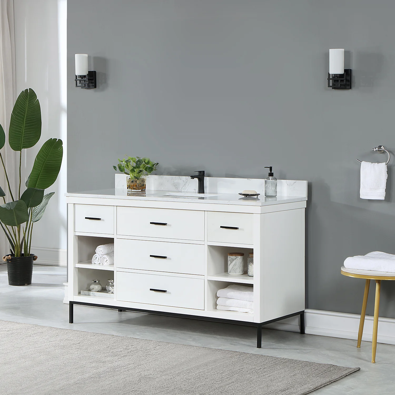 Altair Design Kesia 60" Single Bathroom Vanity Set in White with Aosta White Composite Stone Countertop - Image 11