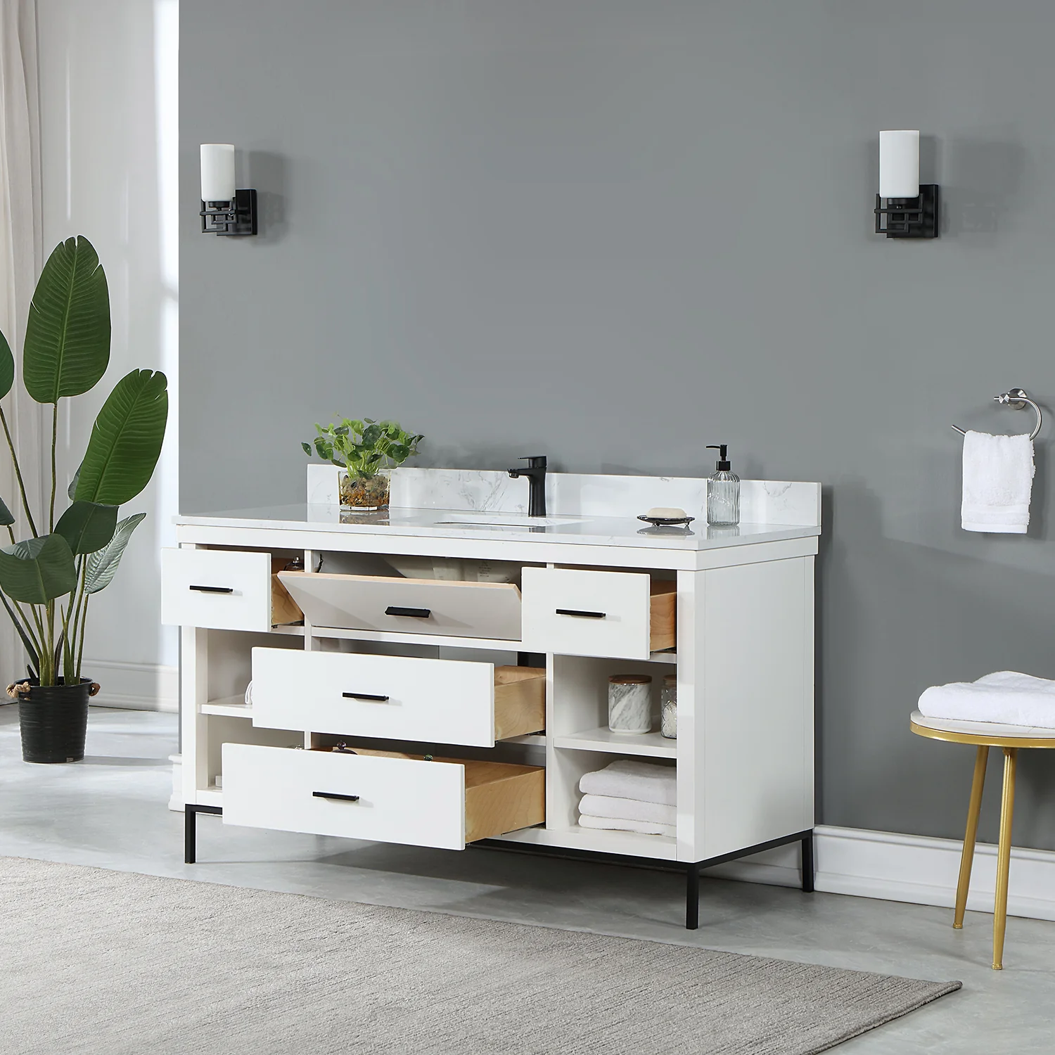 Altair Design Kesia 60" Single Bathroom Vanity Set in White with Aosta White Composite Stone Countertop - Image 13
