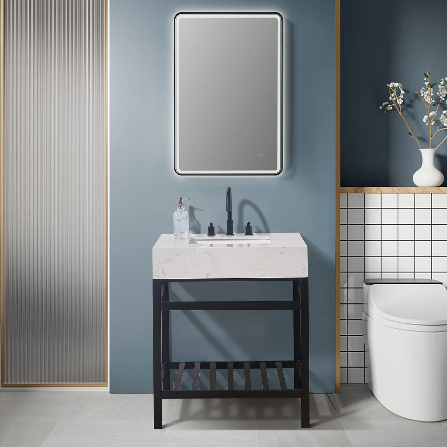 Altair Design Merano 30" Single Stainless Steel Vanity Console in Matt Black with Aosta White Stone Countertop