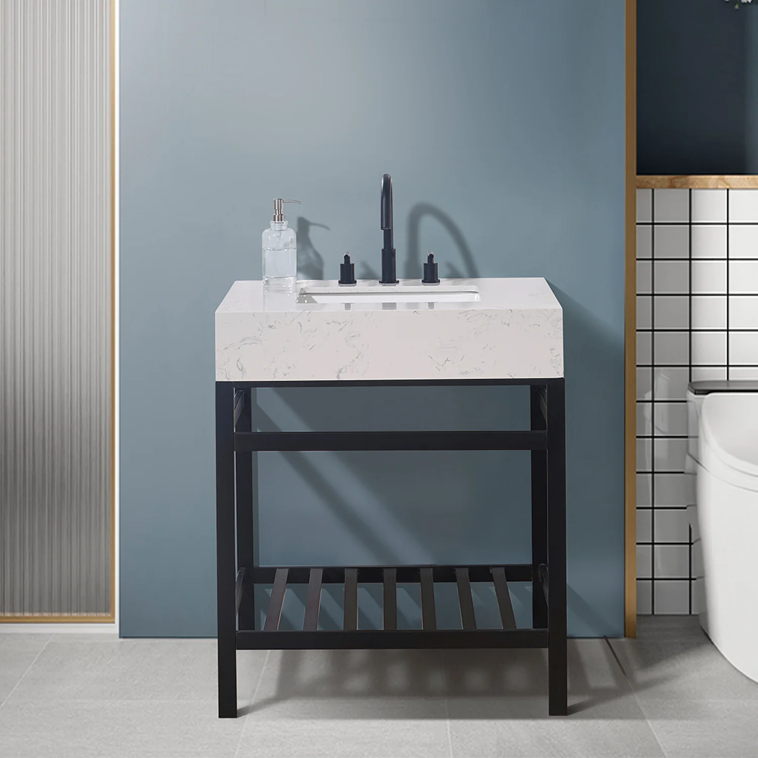 Altair Design Merano 30" Single Stainless Steel Vanity Console in Matt Black with Aosta White Stone Countertop - Image 7