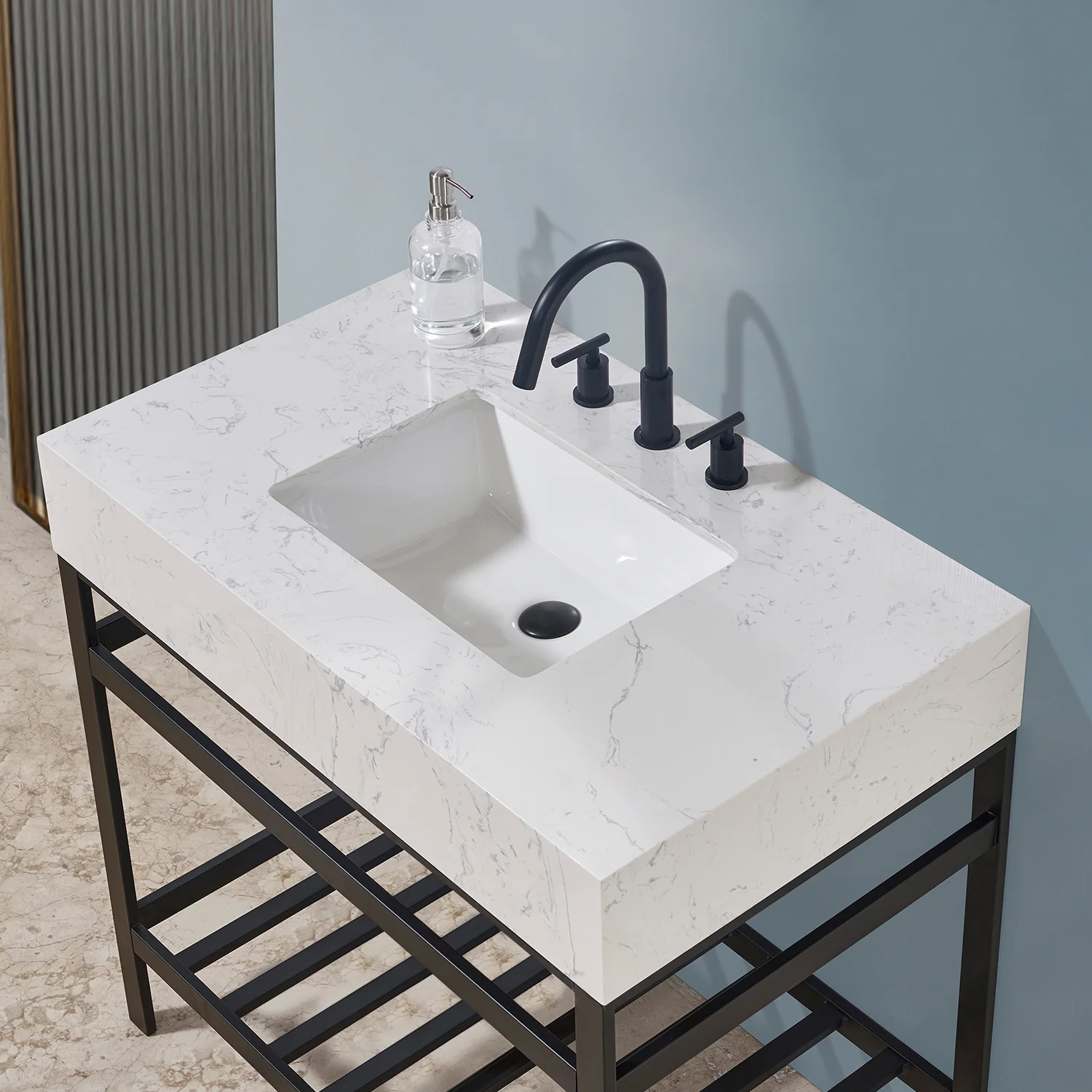 Altair Design Merano 36" Single Stainless Steel Vanity Console in Matt Black with Aosta White Stone Countertop - Image 11
