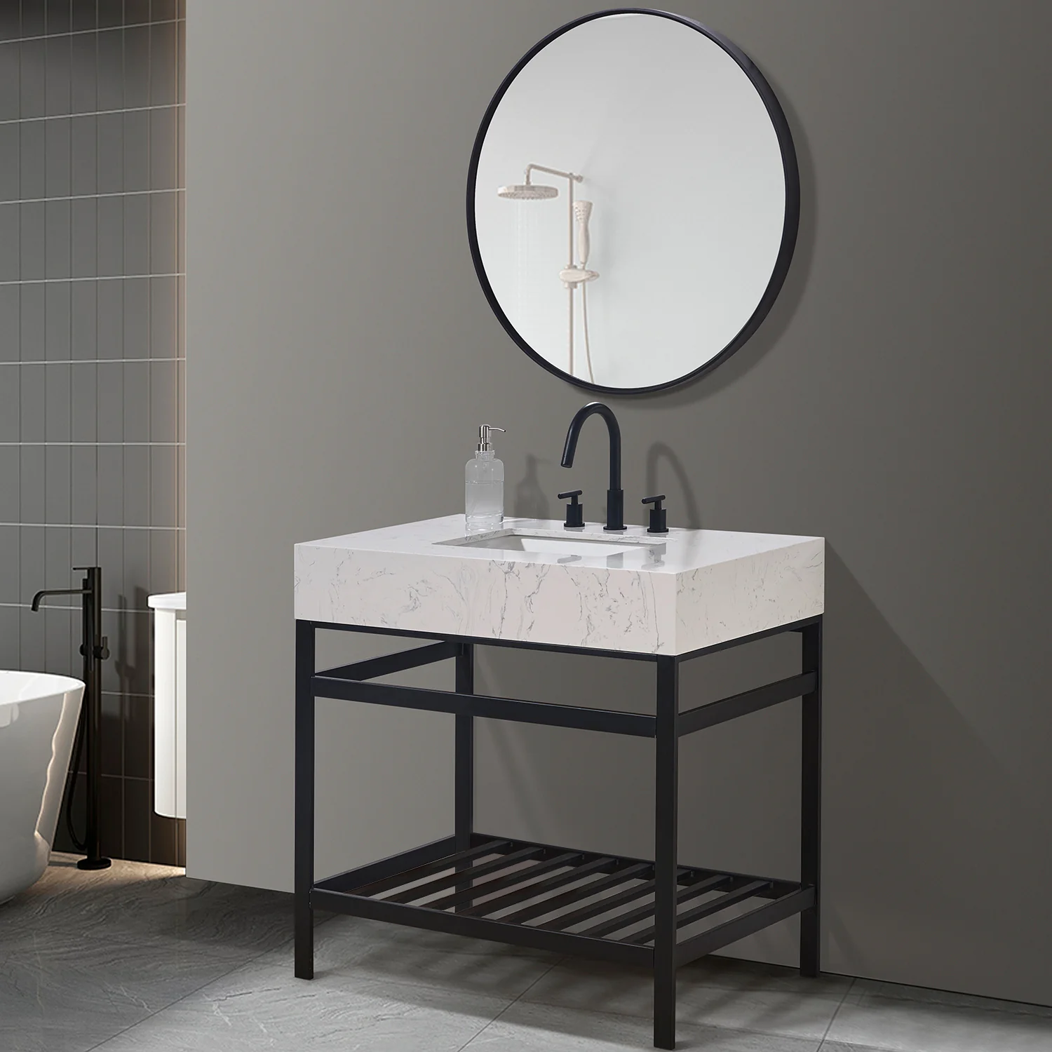 Altair Design Merano 36" Single Stainless Steel Vanity Console in Matt Black with Aosta White Stone Countertop - Image 3