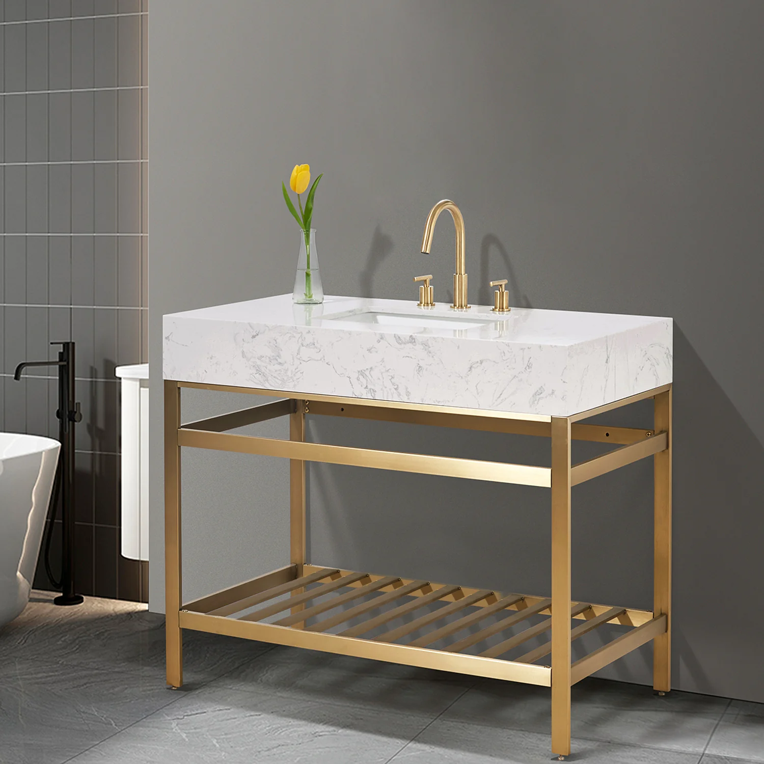 Altair Design Merano 42" Single Stainless Steel Vanity Console in Brushed Gold with Aosta White Stone Countertop - Image 9