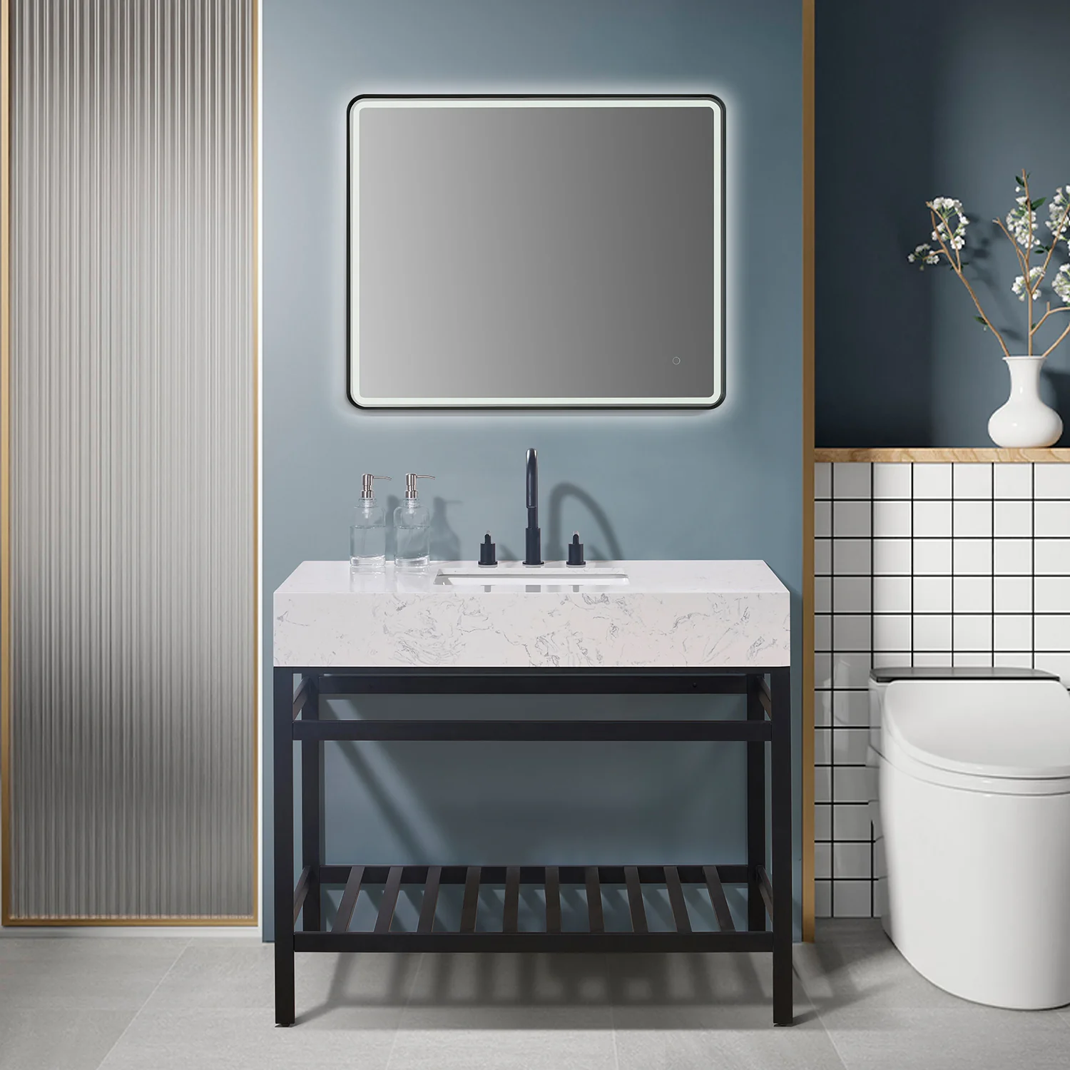 Altair Design Merano 42" Single Stainless Steel Vanity Console in Matt Black with Aosta White Stone Countertop