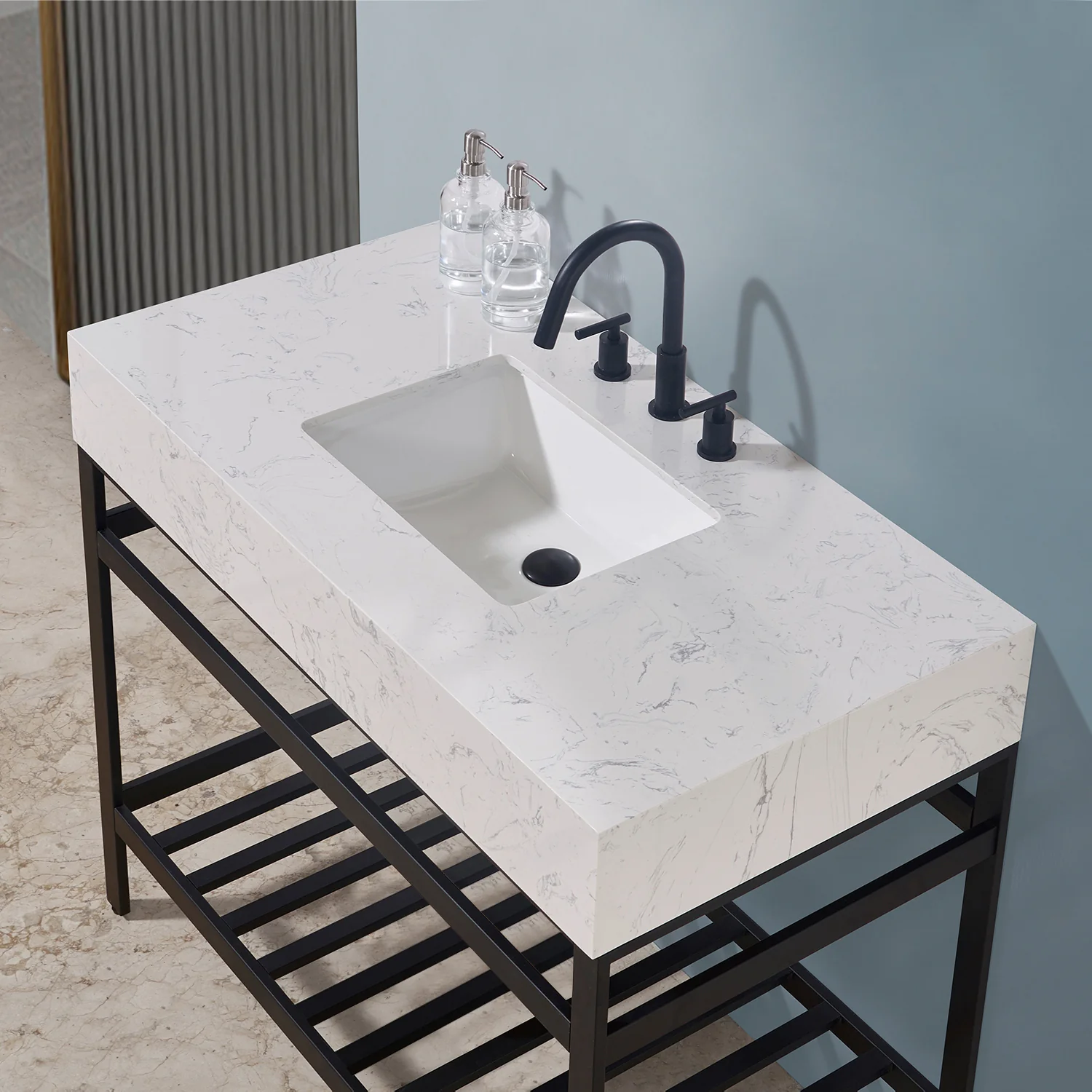 Altair Design Merano 42" Single Stainless Steel Vanity Console in Matt Black with Aosta White Stone Countertop - Image 11