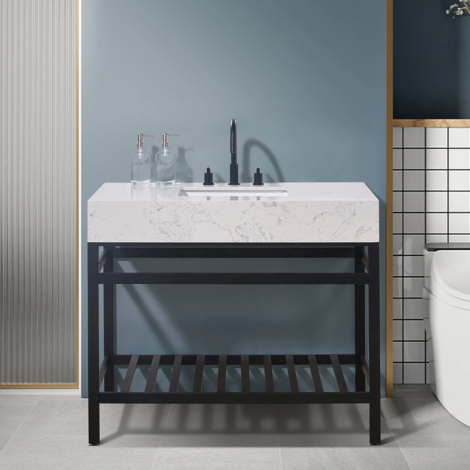 Altair Design Merano 42" Single Stainless Steel Vanity Console in Matt Black with Aosta White Stone Countertop - Image 7