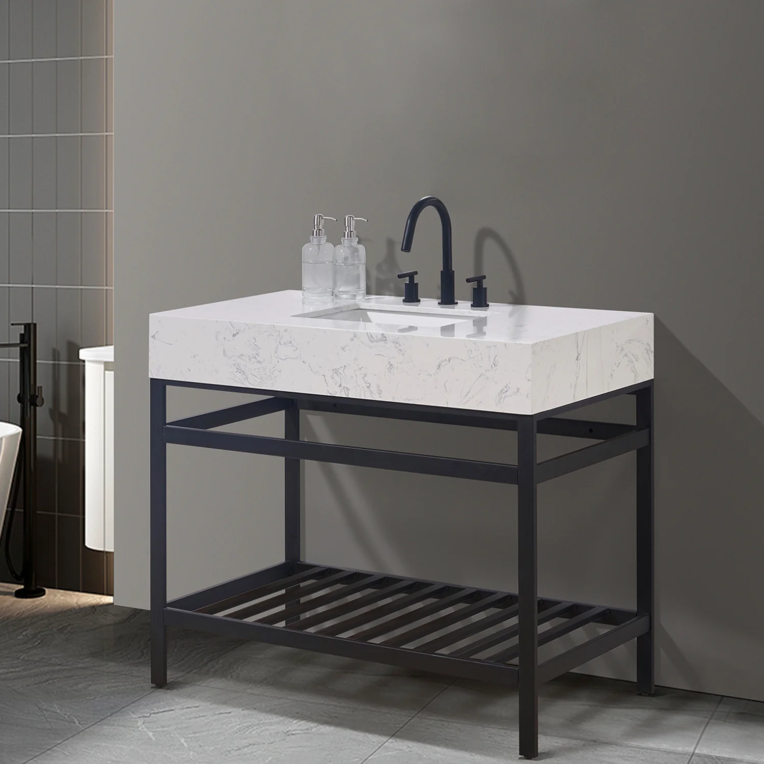 Altair Design Merano 42" Single Stainless Steel Vanity Console in Matt Black with Aosta White Stone Countertop - Image 9