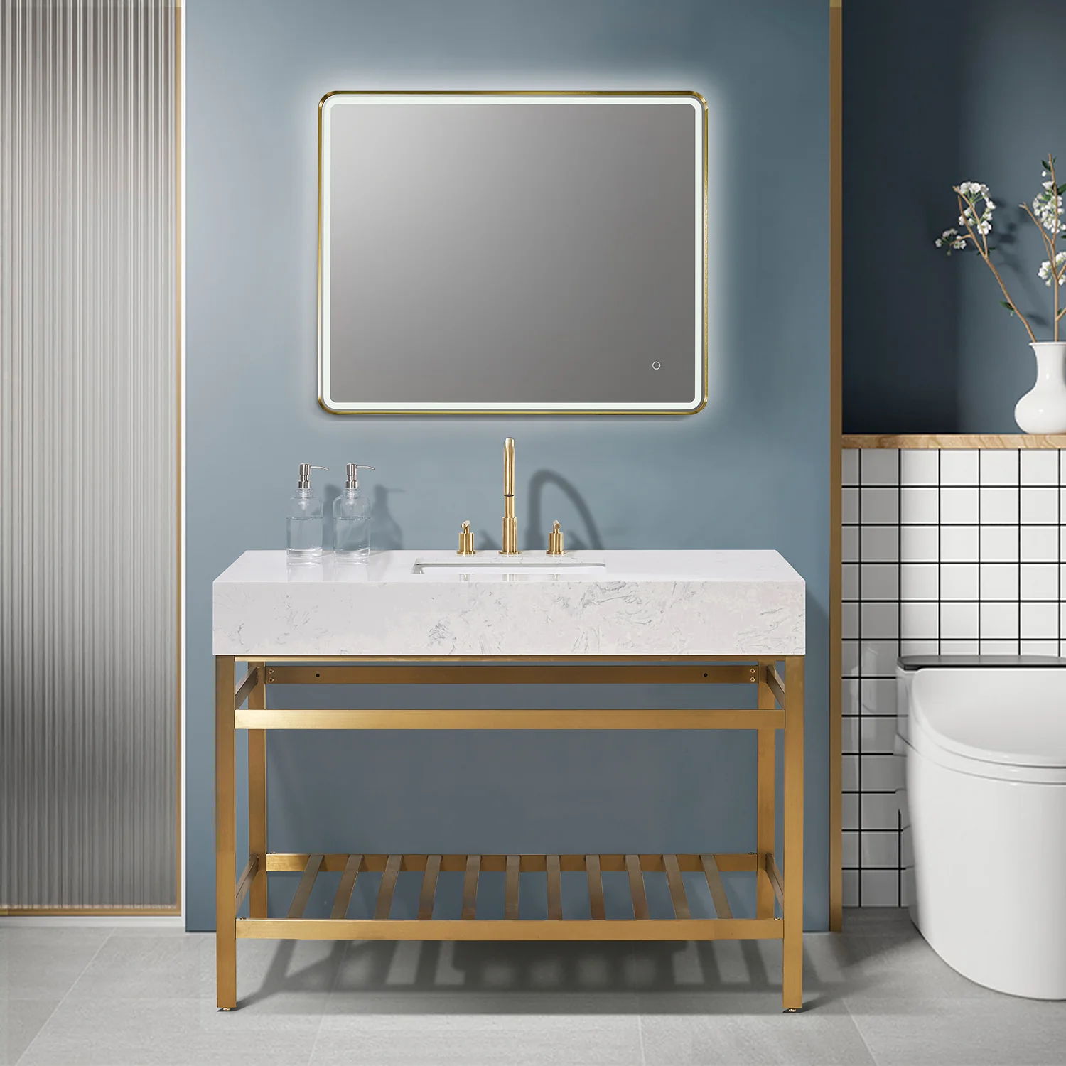Altair Design Merano 48" Single Stainless Steel Vanity Console in Brushed Gold with Aosta White Stone Countertop