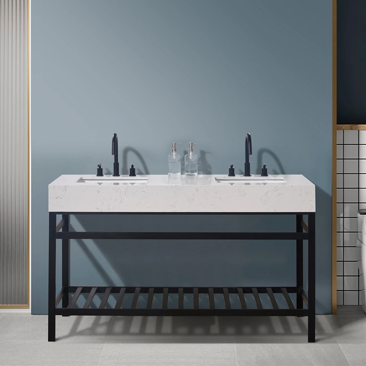 Altair Design Merano 60" Double Stainless Steel Vanity Console in Matt Black with Aosta White Stone Countertop - Image 7