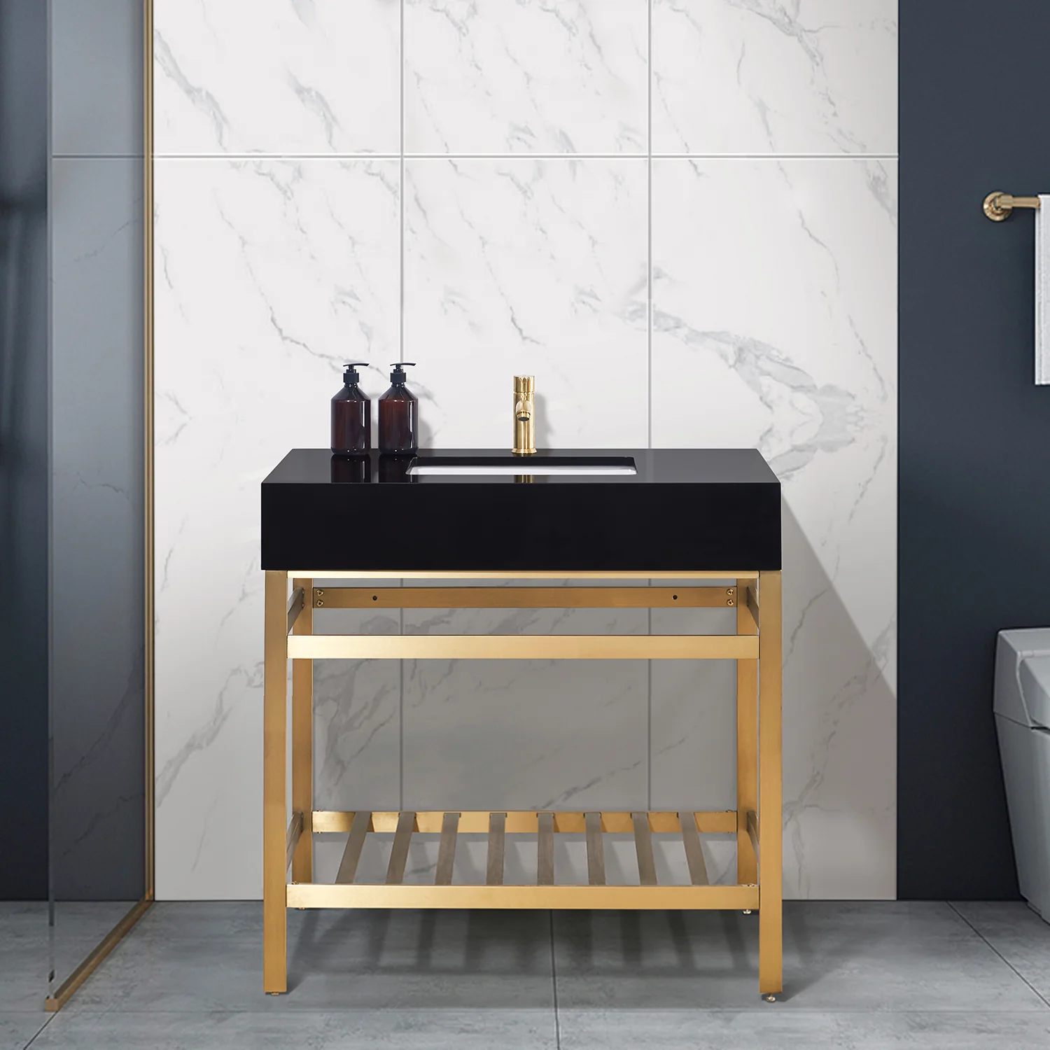 Altair Design Nauders 36" Single Stainless Steel Vanity Console in Brushed Gold with Imperial Black Stone Countertop - Image 7