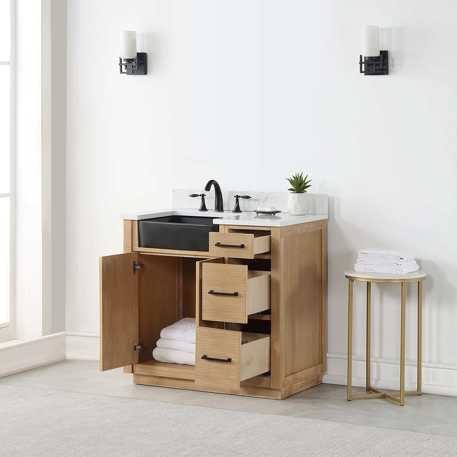 Altair Design Novago 36" Single Bathroom Vanity in Weathered Pine with Aosta White Composite Stone Countertop and Farmhouse Sink - Image 13