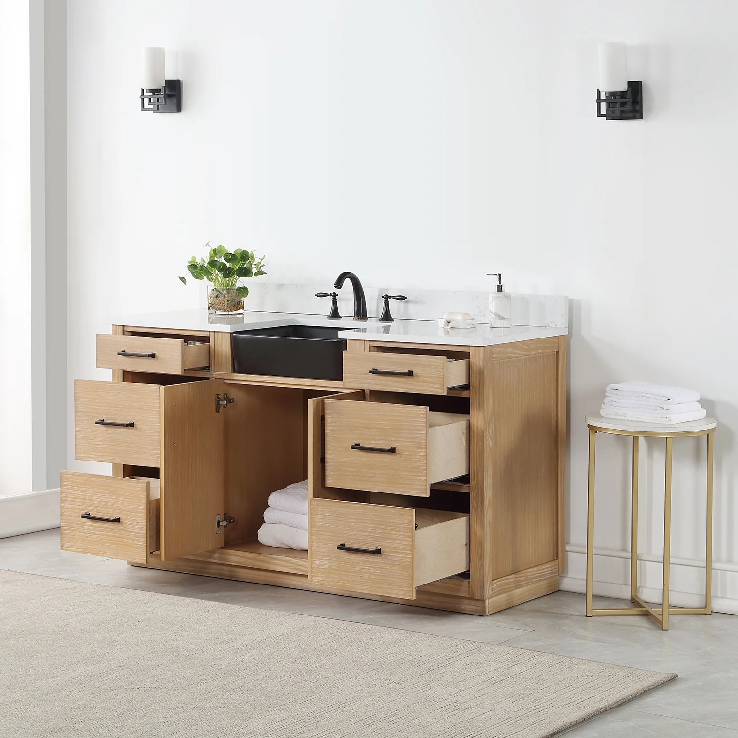 Altair Design Novago 60" Single Bathroom Vanity in Weathered Pine with Aosta White Composite Stone Countertop and Farmhouse Sink - Image 13