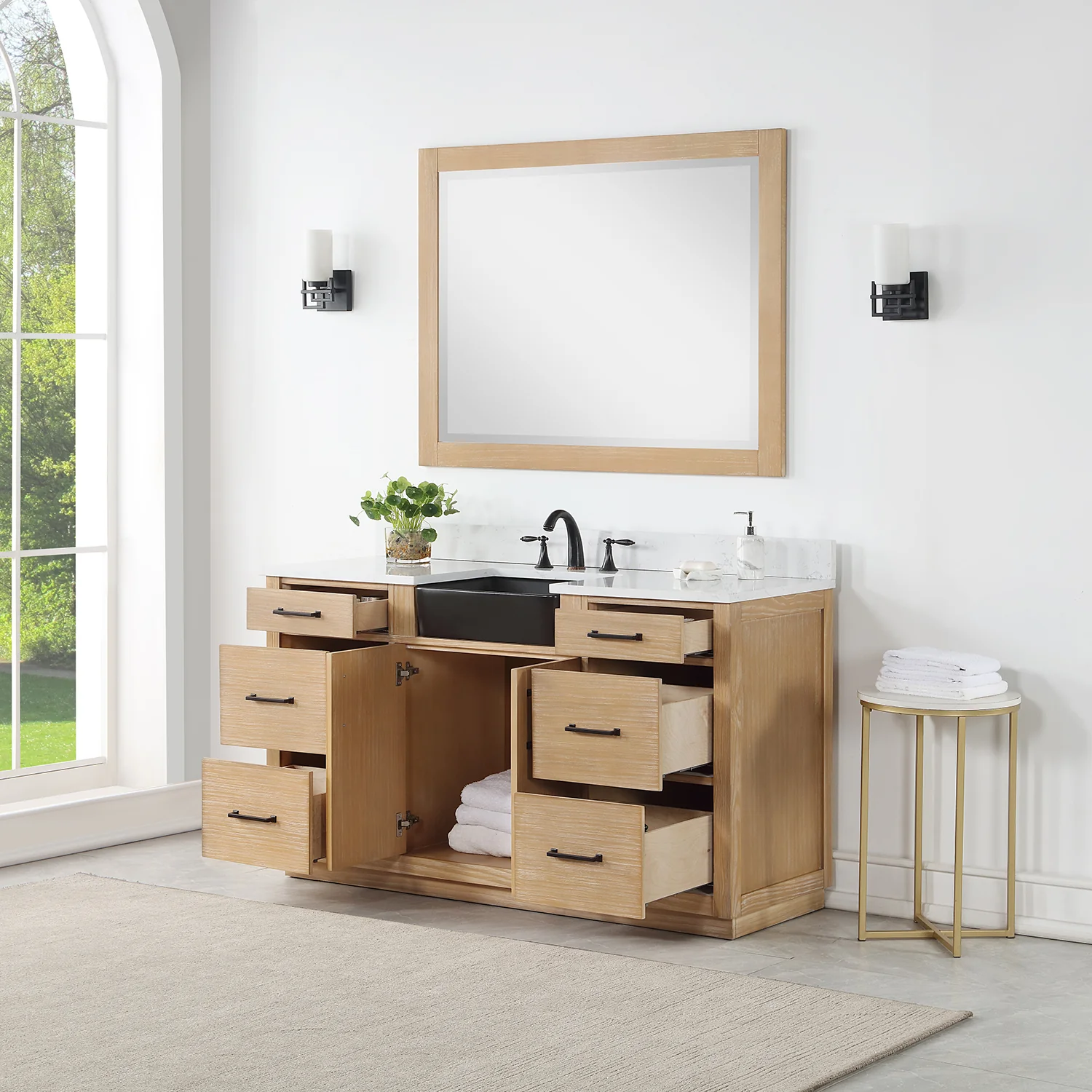 Altair Design Novago 60" Single Bathroom Vanity in Weathered Pine with Aosta White Composite Stone Countertop and Farmhouse Sink - Image 5
