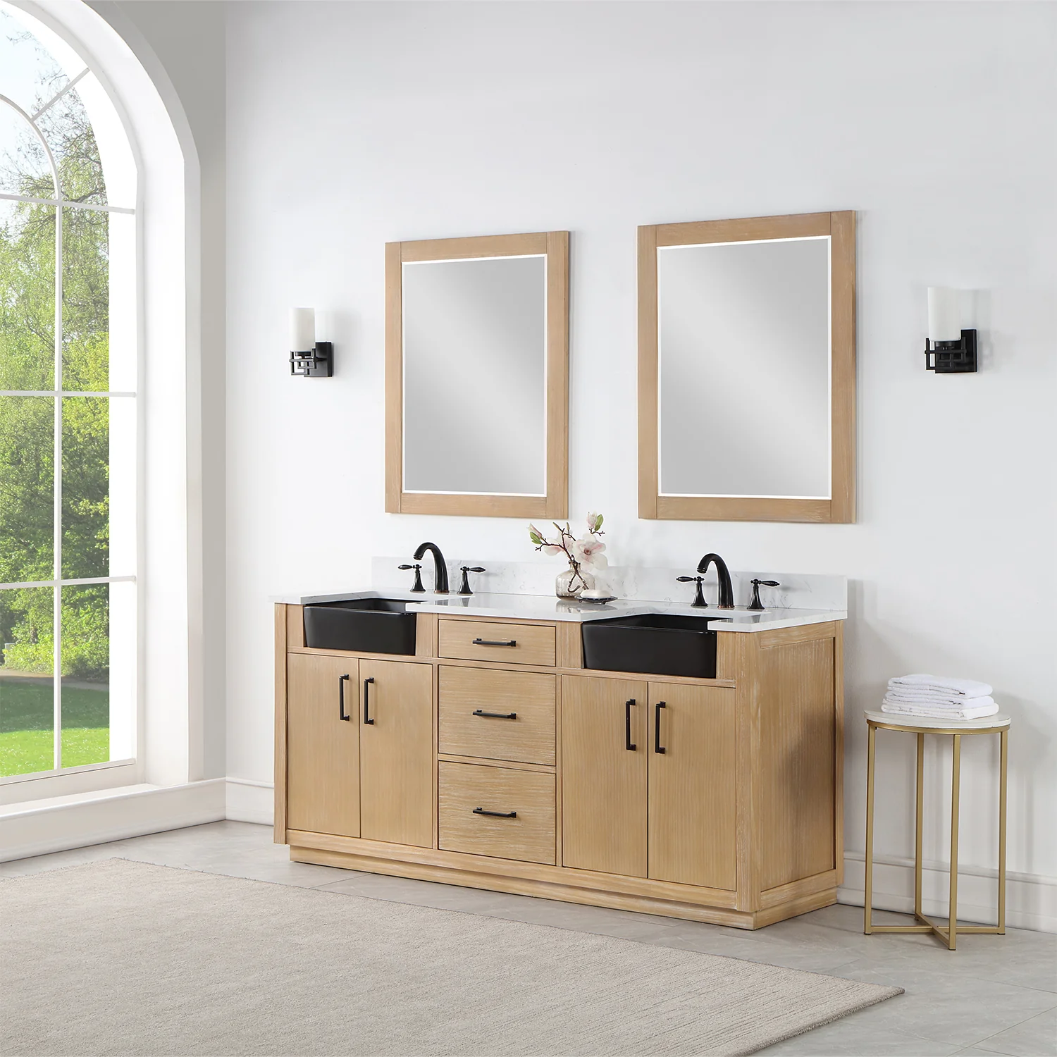 Altair Design Novago 72" Double Bathroom Vanity in Weathered Pine with Aosta White Composite Stone Countertop and Farmhouse Sink - Image 3