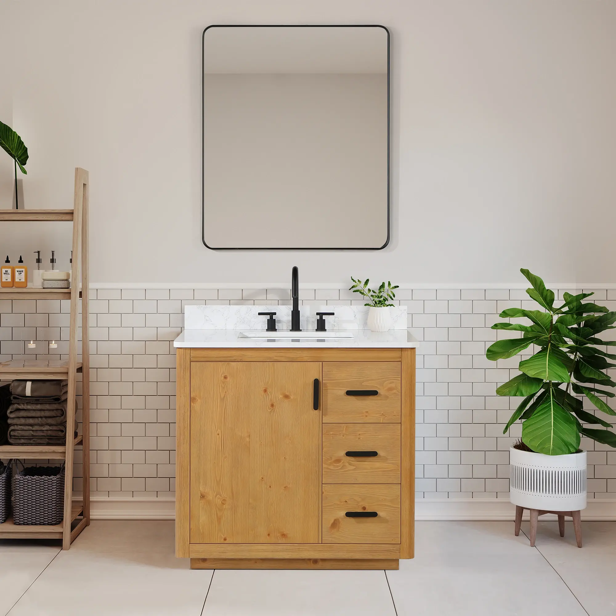 Altair Design Perla 36" Single Bathroom Vanity in Natural Wood with Grain White Composite Stone Countertop