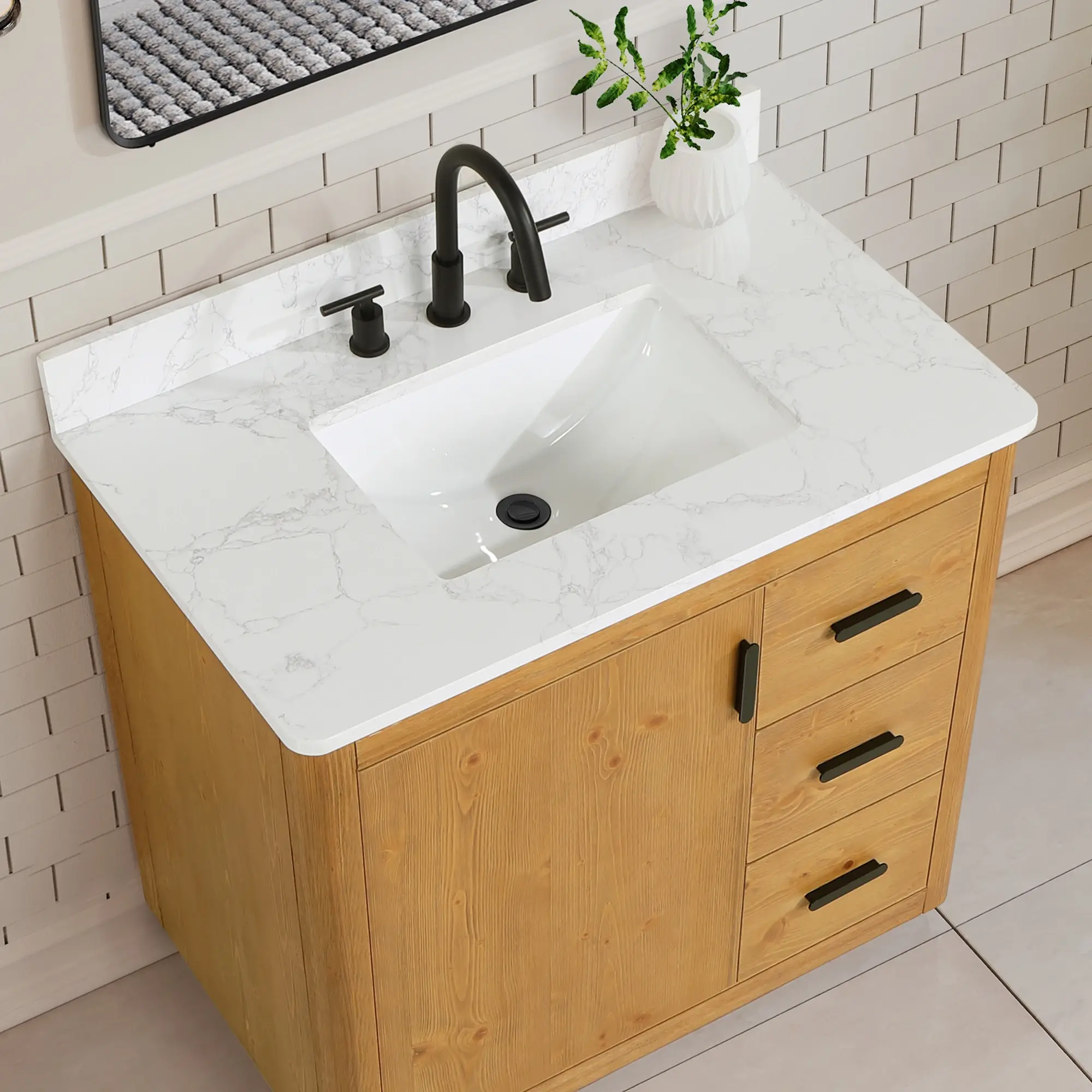 Altair Design Perla 36" Single Bathroom Vanity in Natural Wood with Grain White Composite Stone Countertop - Image 9