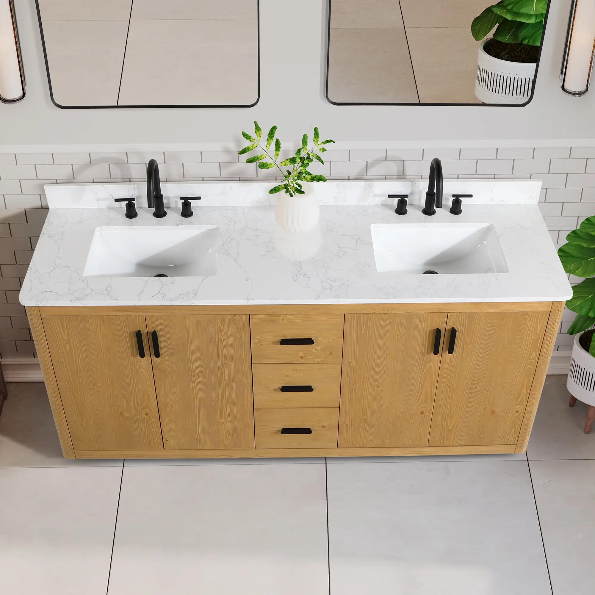 Altair Design Perla 72" Double Bathroom Vanity in Natural Wood with Grain White Composite Stone Countertop - Image 12