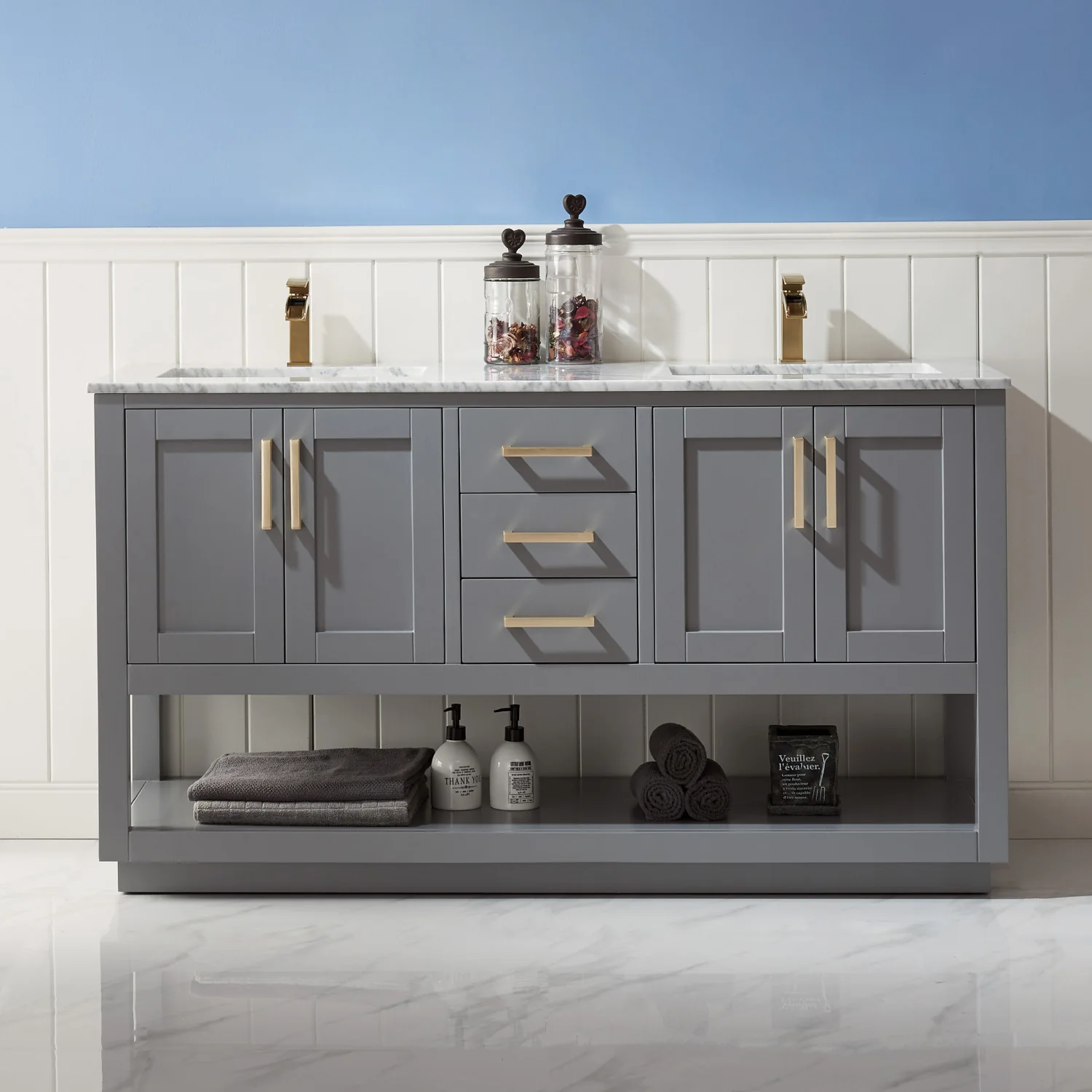 Altair Design Remi 60" Double Bathroom Vanity Set in Gray and Carrara White Marble Countertop - Image 11