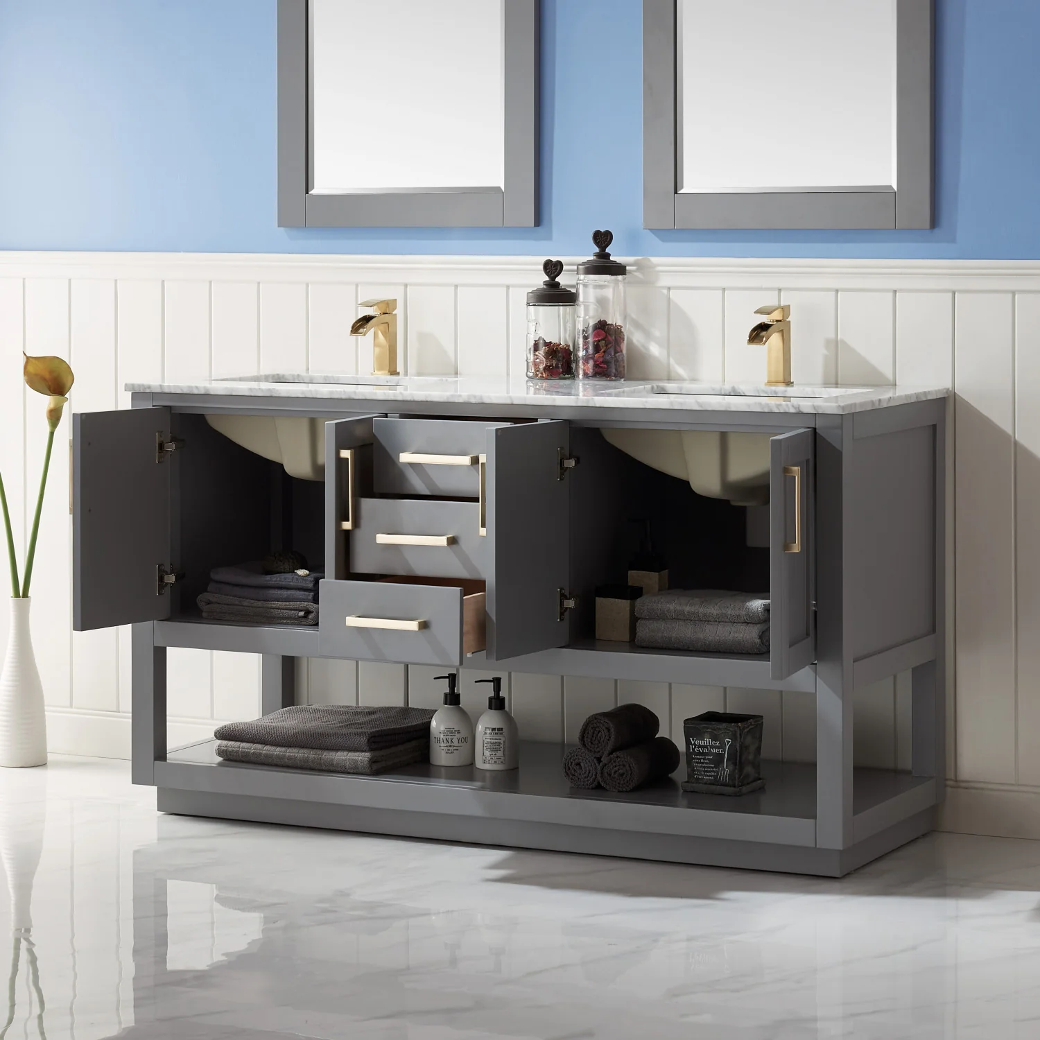 Altair Design Remi 60" Double Bathroom Vanity Set in Gray and Carrara White Marble Countertop - Image 6