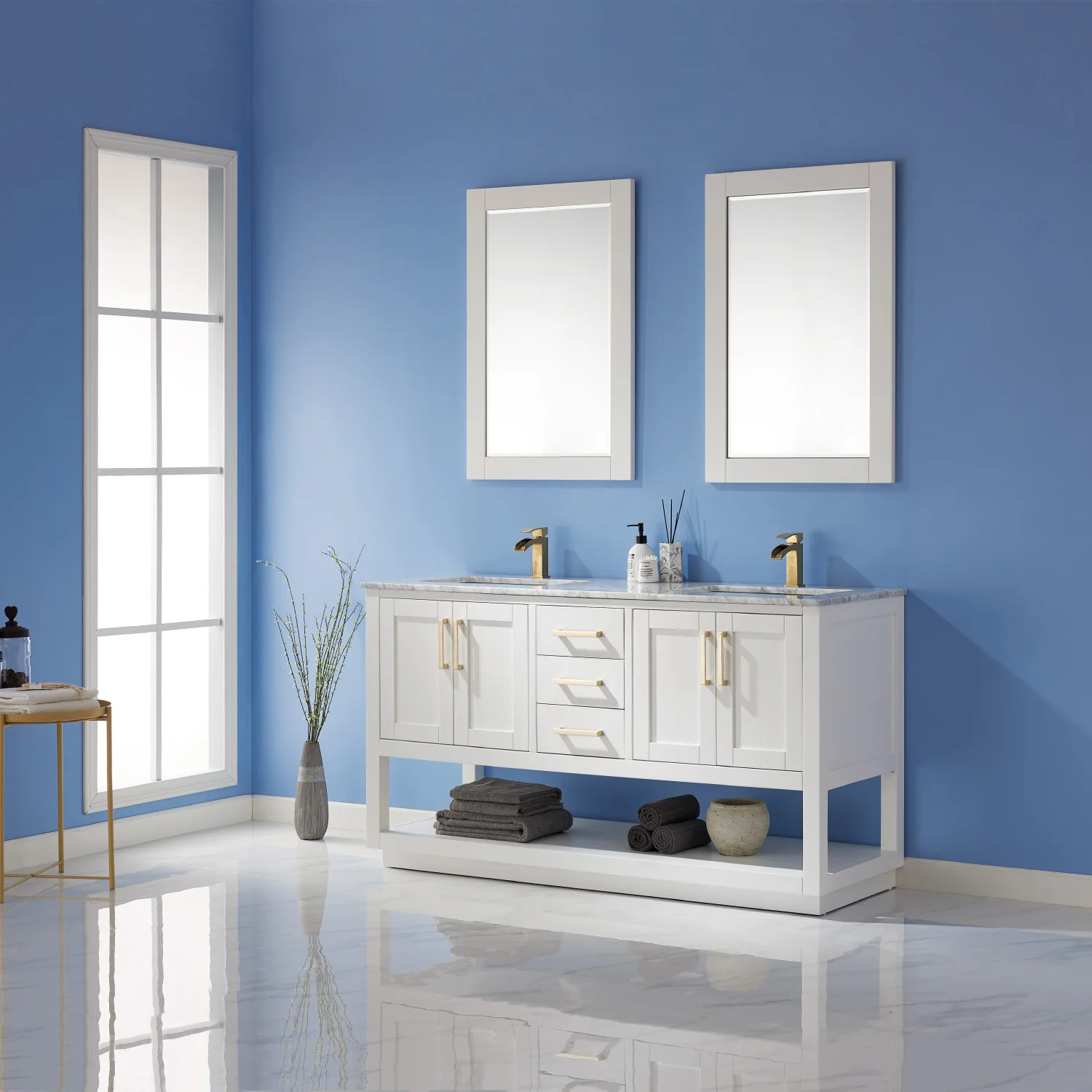 Altair Design Remi 60" Double Bathroom Vanity Set in White and Carrara White Marble Countertop - Image 3