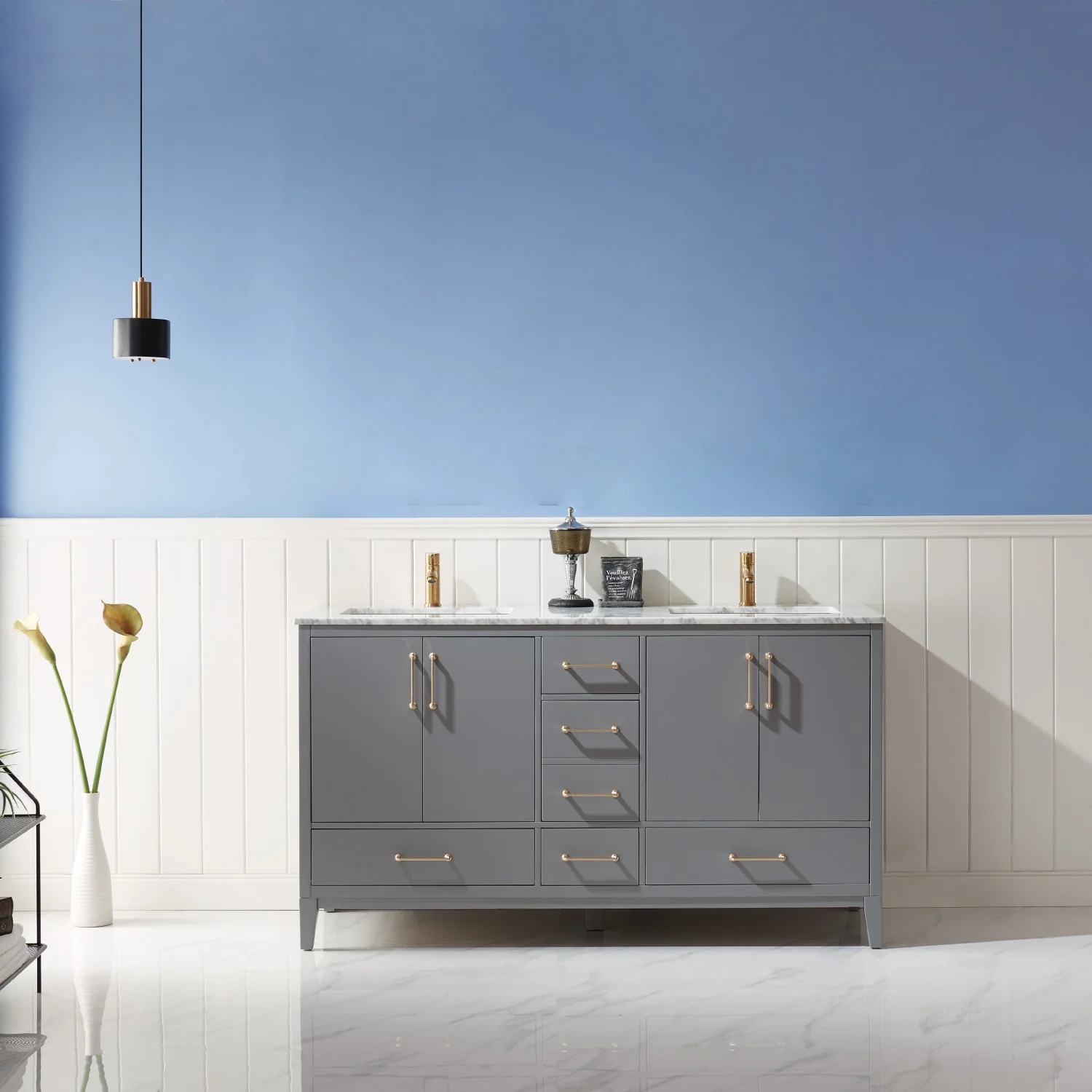 Altair Design Sutton 60" Double Bathroom Vanity Set in Gray and Carrara White Marble Countertop - Image 11
