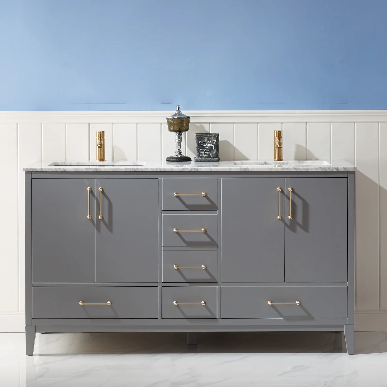 Altair Design Sutton 60" Double Bathroom Vanity Set in Gray and Carrara White Marble Countertop - Image 12